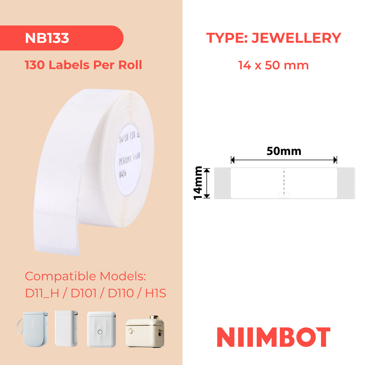 NIIMBOT - D Range - 14x50mm - White Jewellery Folding - 130 Labels