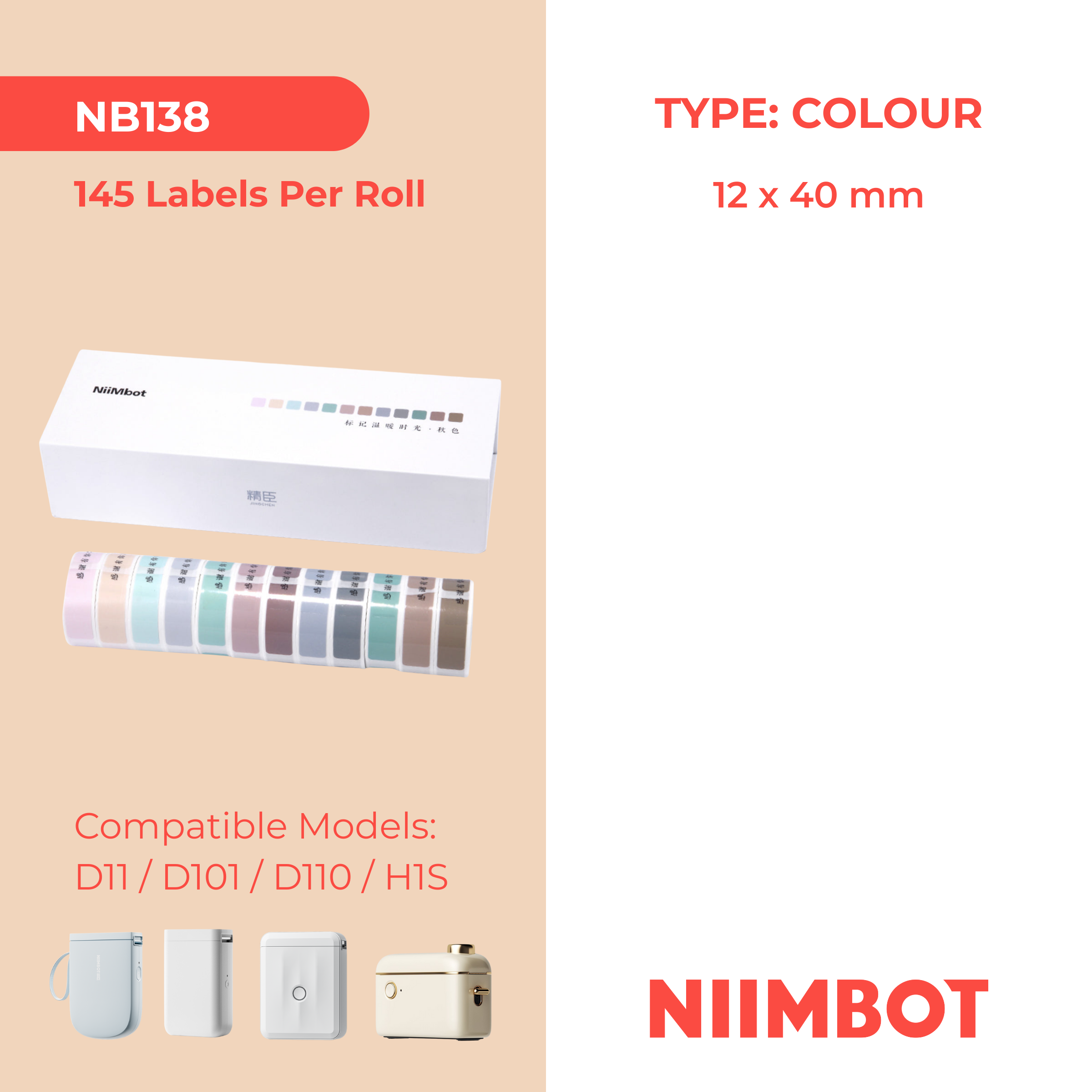 NB138 - NIIMBOT - D11 / D101 / D110 / H1S - 12X40MM - 145 AUTUMN EDITION LABELS - 12 X ROLLS