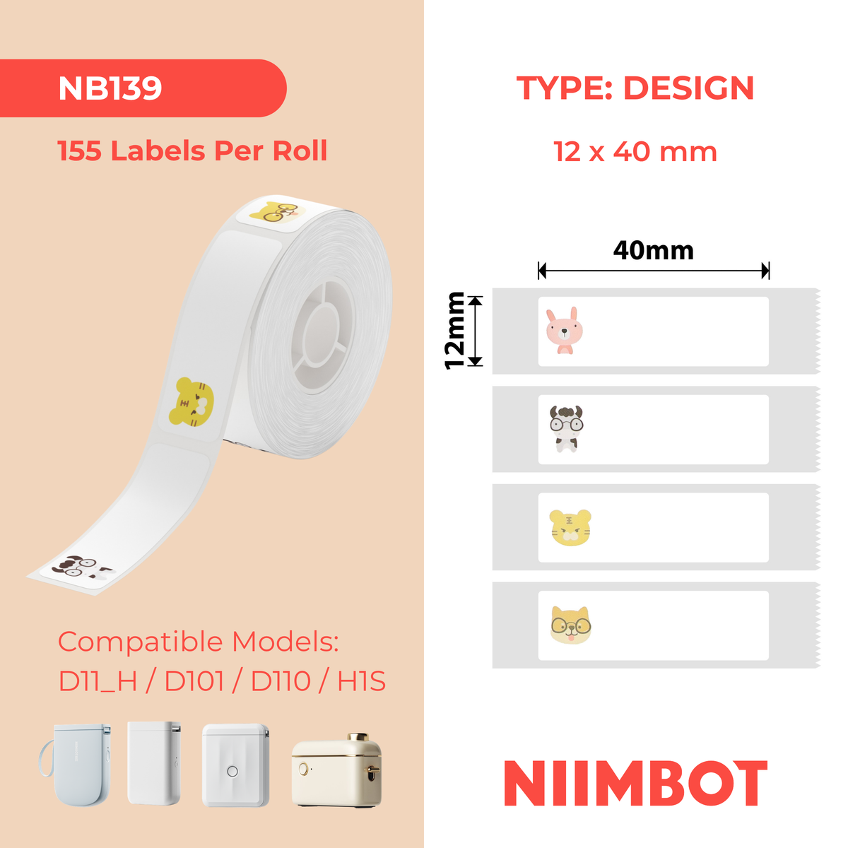 NIIMBOT - D Range - 12x40mm - Zoo - 155 Labels