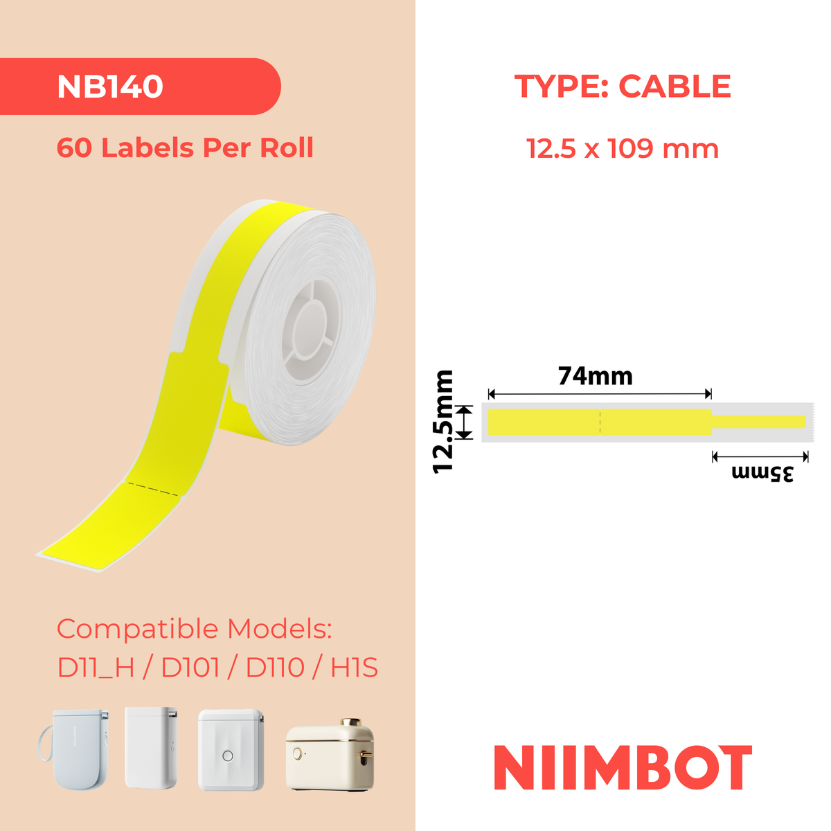 NIIMBOT - D Range - 12.5x109mm - Yellow Cable - 60 Labels