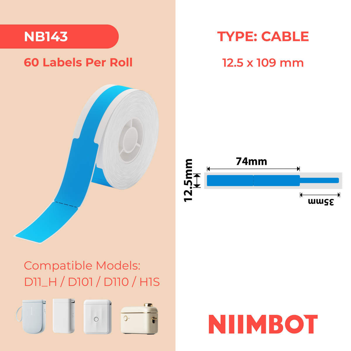 NIIMBOT - D Range - 12.5x109mm - Blue Cable - 60 Labels