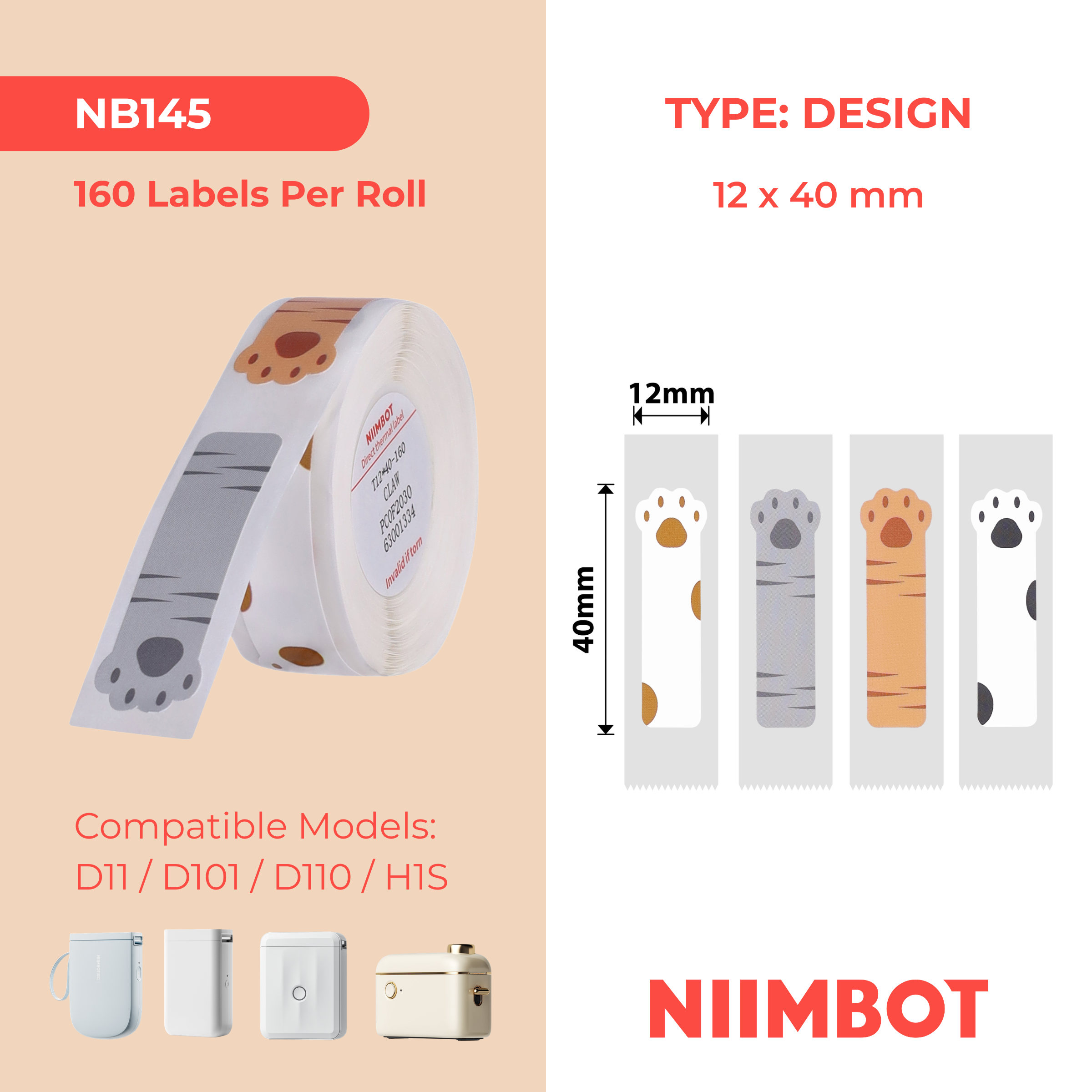 NB145 - NIIMBOT - D11 / D101 / D110 / H1S - 12X40MM - 155 CAT CLAW LABELS
