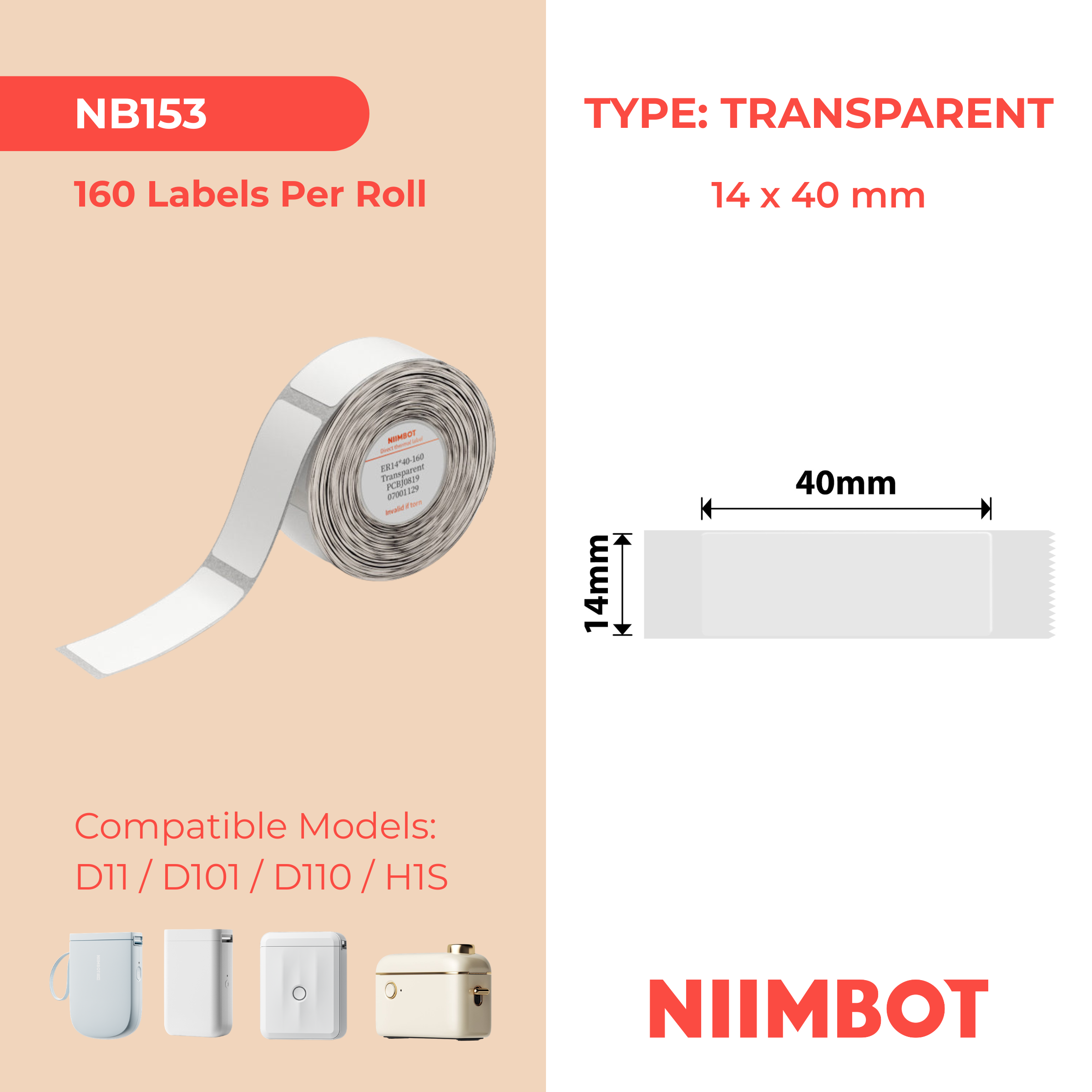 NB153 - NIIMBOT - D11 / D101 / D110 / H1S - 14X40MM - 160 TRANSPARENT LABELS