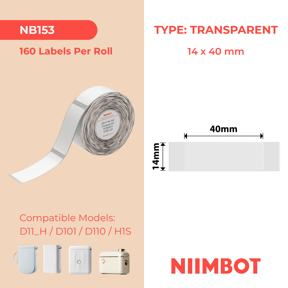 NIIMBOT - D Range - 14x40mm - Transparent - 160 Labels