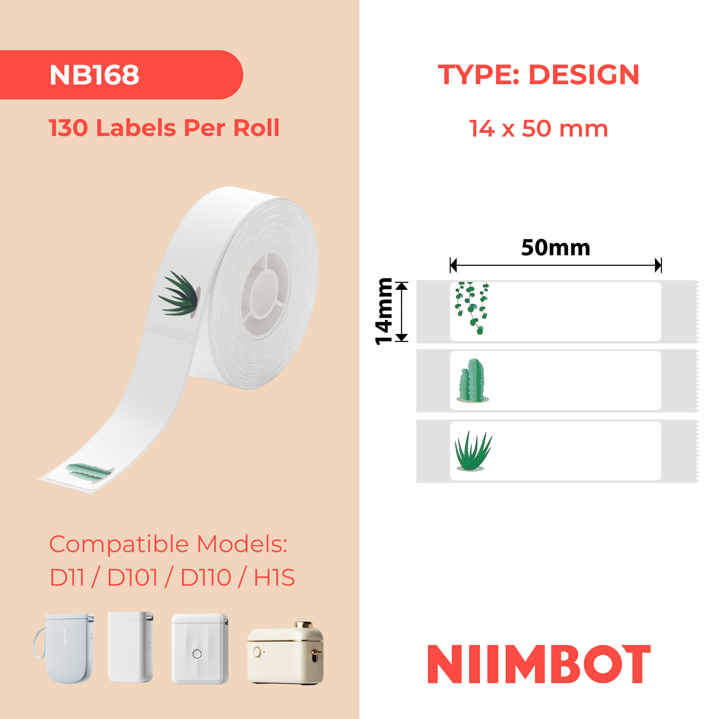 NB168 - NIIMBOT - D11 / D101 / D110 / H1S - 14X50MM - 125 SUCCULENT B LABELS