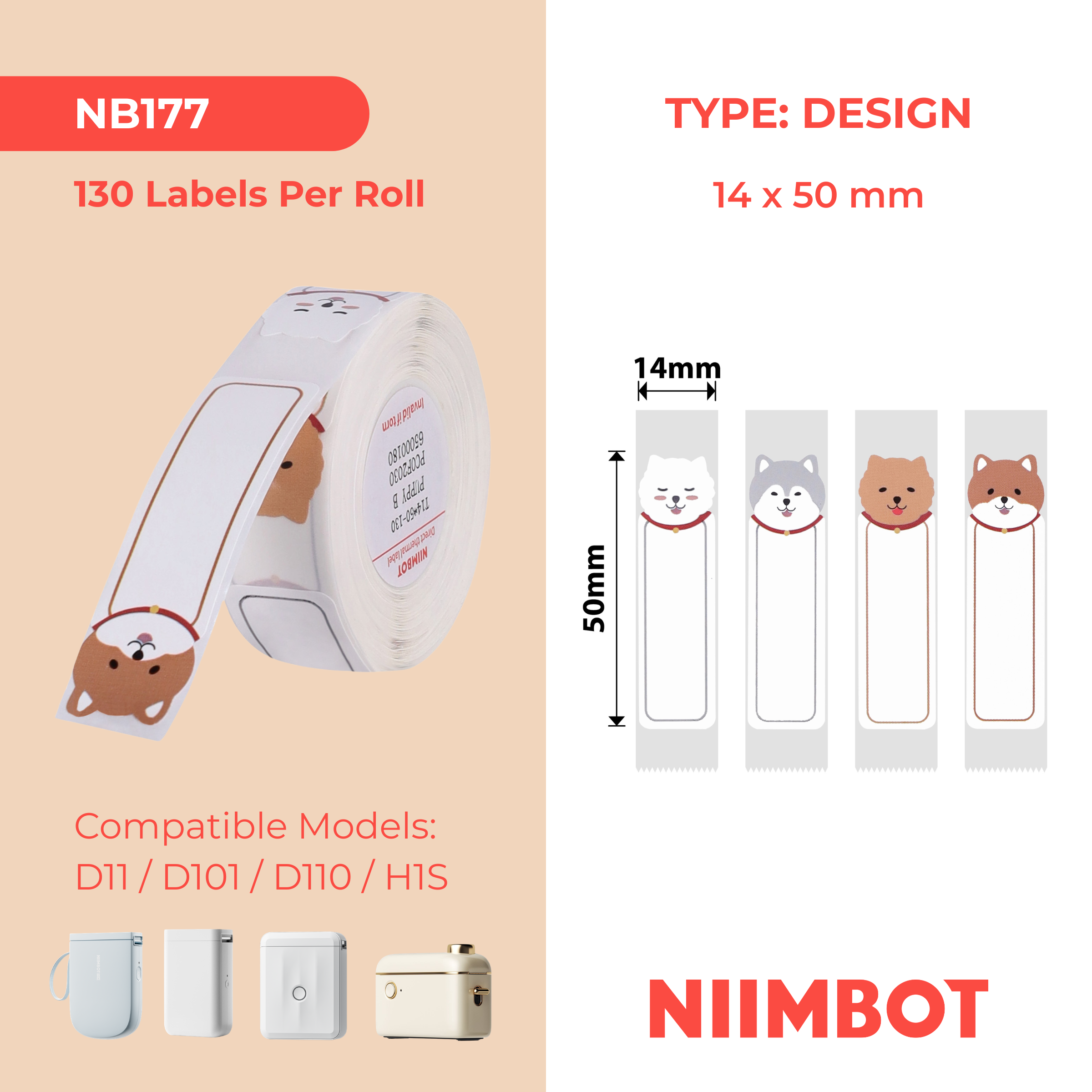 NB177 - NIIMBOT - D11 / D101 / D110 / H1S - 14X50MM - 125 CUTE PUPPY B LABELS