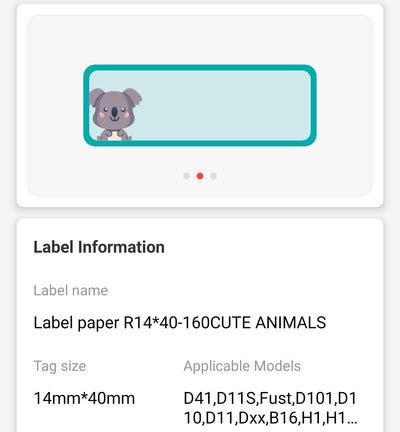 NB180 - NIIMBOT - D11 / D101 / D110 / H1S - 14X40MM - 155 CUTE ANIMALS LABELS