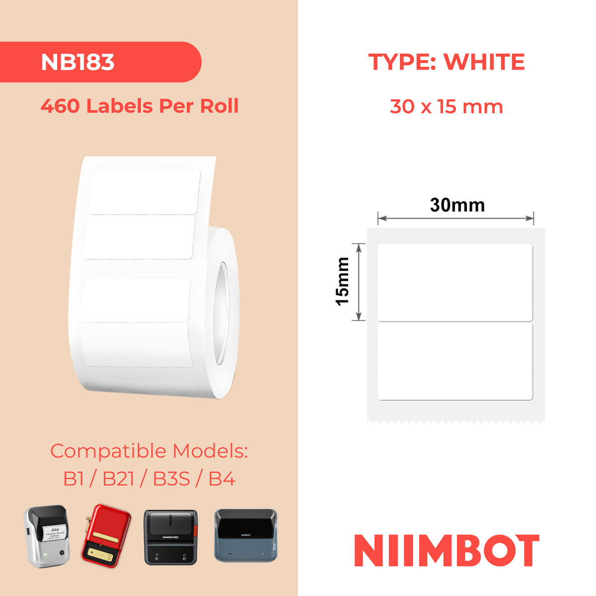 NIIMBOT - B Range - 30x15mm/2R - White - 460 Labels