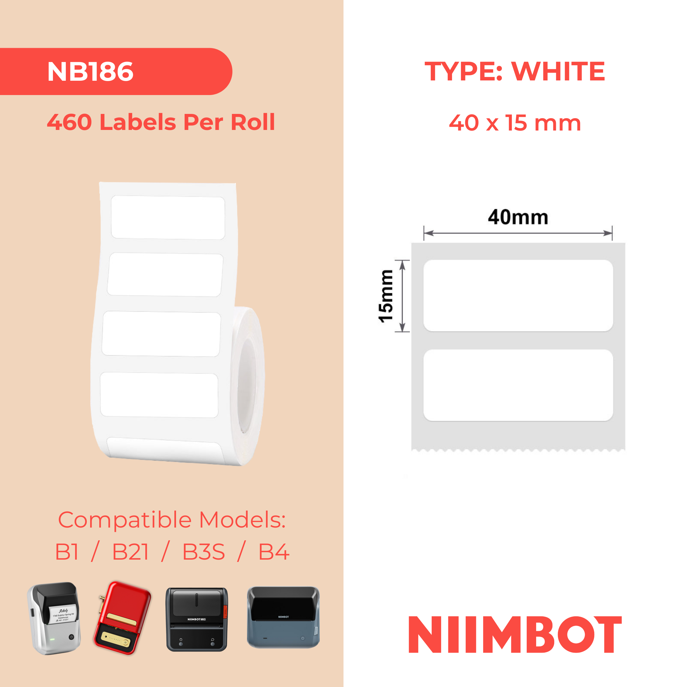 NB186 - NIIMBOT - B1 / B21 / B3S / B4 - 40X15MM/2R - 460 WHITE LABELS