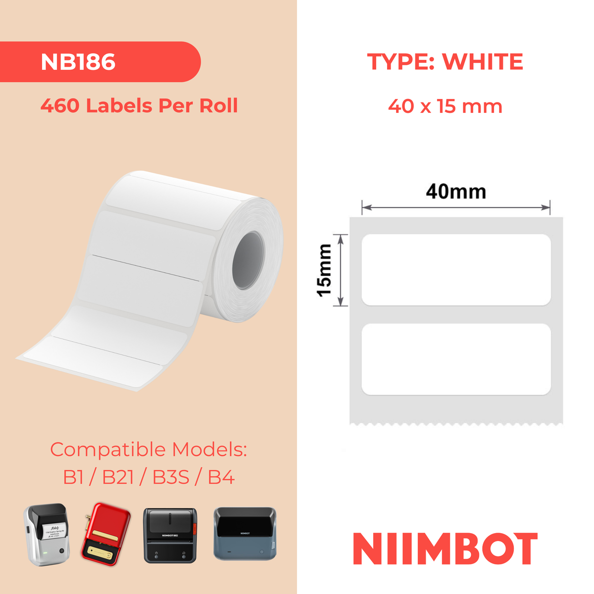NIIMBOT - B Range - 40x15mm/2R - White - 460 Labels