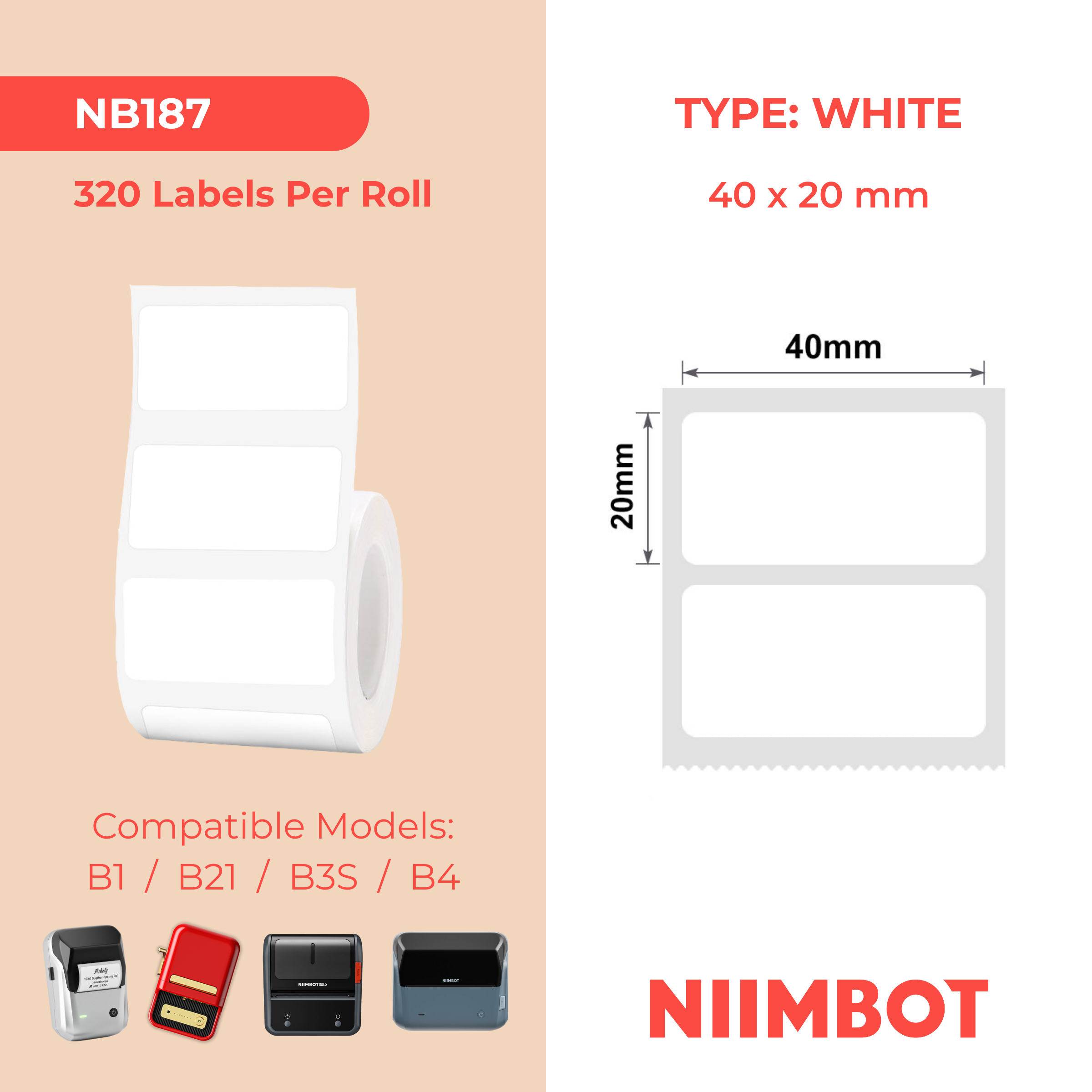 NB187 - NIIMBOT - B1 / B21 / B3S / B4 - 40X20MM - 320 WHITE LABELS