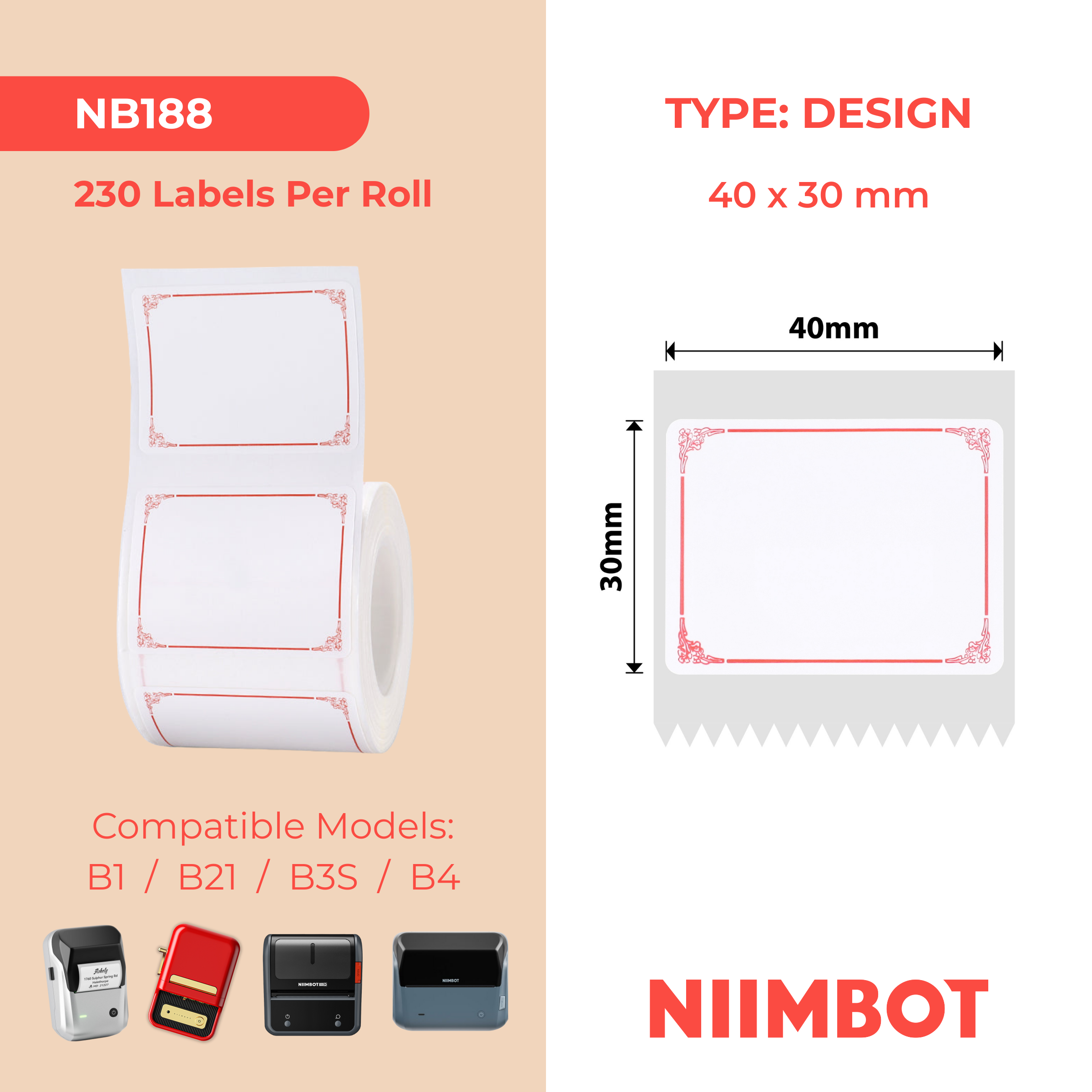 NB188 - NIIMBOT - B1 / B21 / B3S / B4 - 40X30MM - 230 RED BORDER LABELS