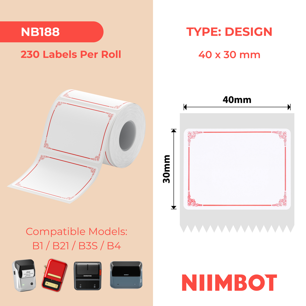 NIIMBOT - B Range - 40x30mm - Red Border - 230 Labels