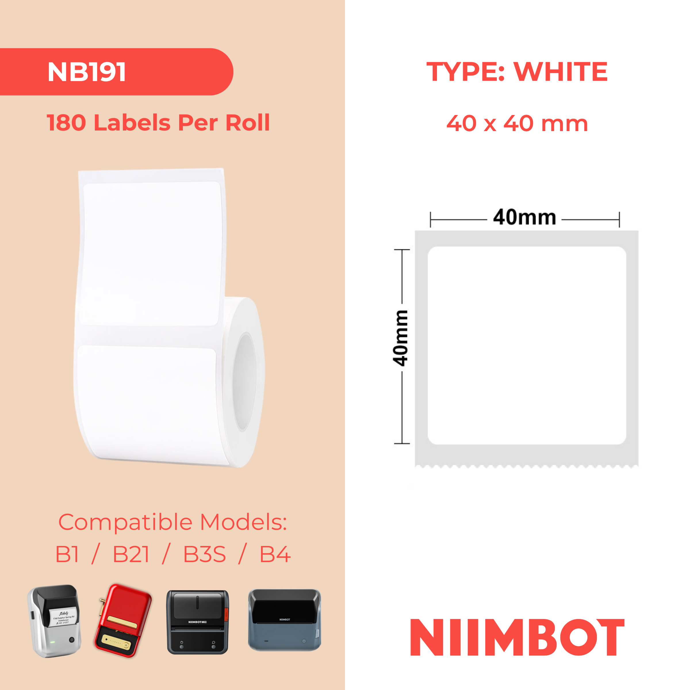 NB191 - NIIMBOT - B1 / B21 / B3S / B4 - 40X40MM - 180 WHITE LABELS