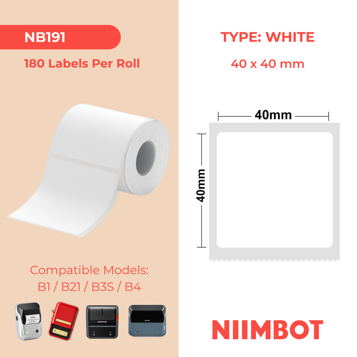 NIIMBOT - B Range - 40x40mm - White - 180 Labels