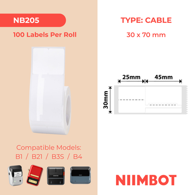 NB205 - NIIMBOT - B1 / B21 / B3S / B4 - 30X70MM - 100 WHITE CABLE LABELS