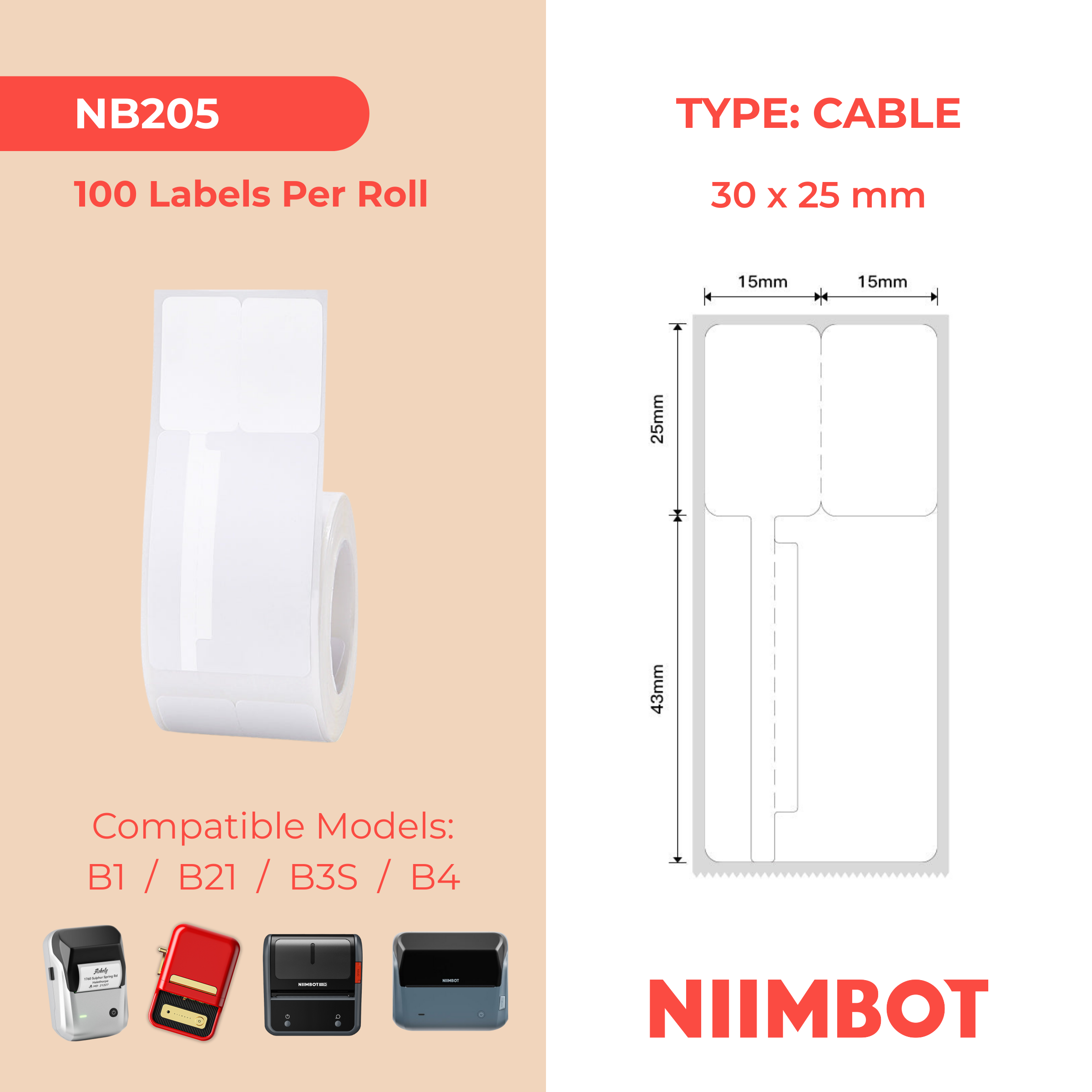 NB205 - NIIMBOT - B1 / B21 / B3S / B4 - 30X70MM - 100 WHITE CABLE LABELS