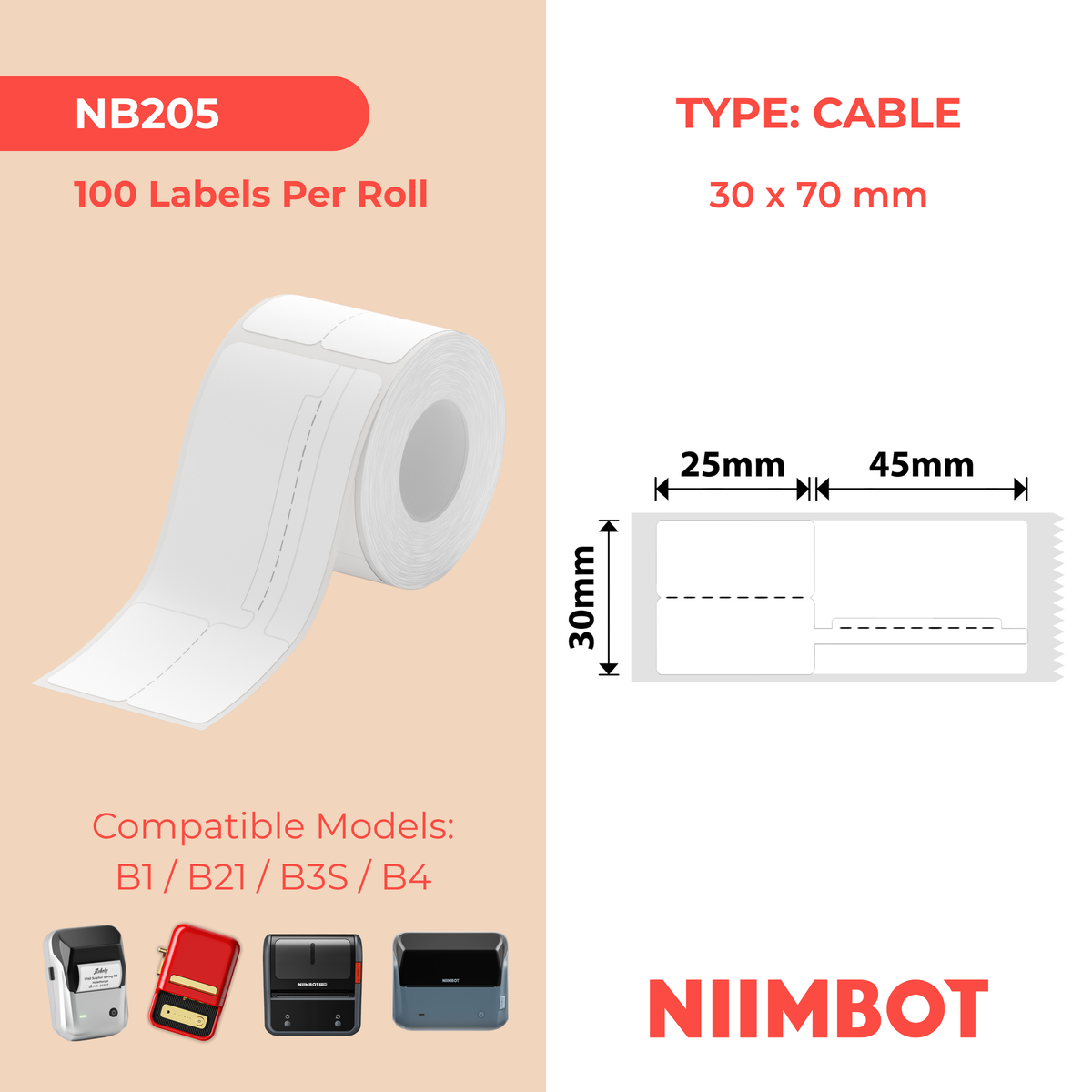 NIIMBOT - B Range - 30x70mm - White Cable - 100 Labels