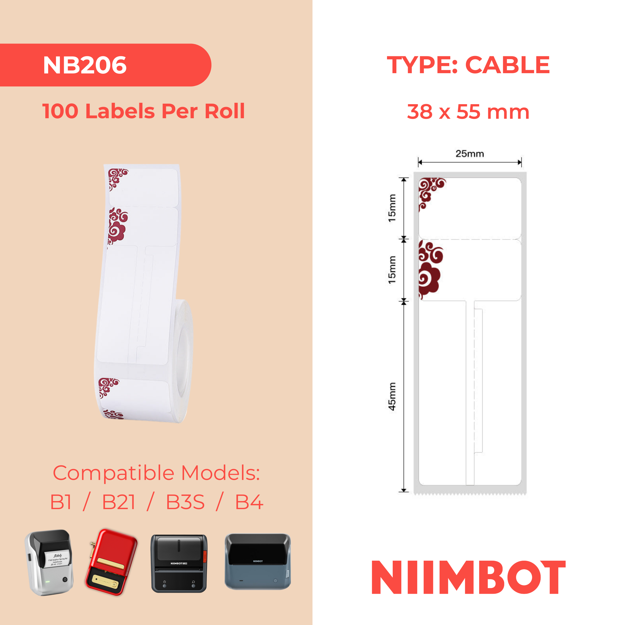 NB206 - NIIMBOT - B1 / B21 / B3S / B4 - 25X75MM - 100 DEEP RED CABLE LABELS