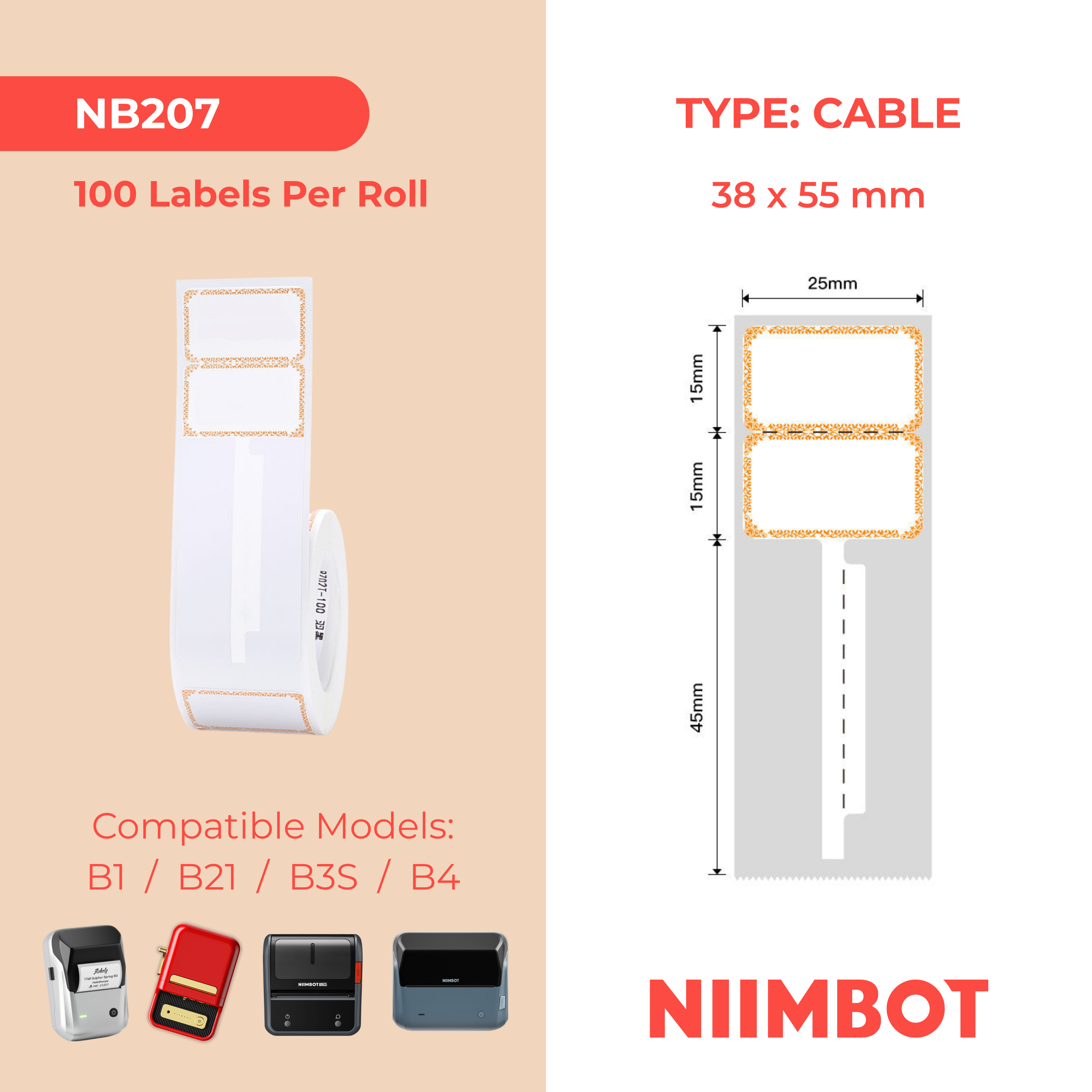 NB207 - NIIMBOT - B1 / B21 / B3S / B4 - 25X75MM - 100 ORANGE INK CABLE LABELS