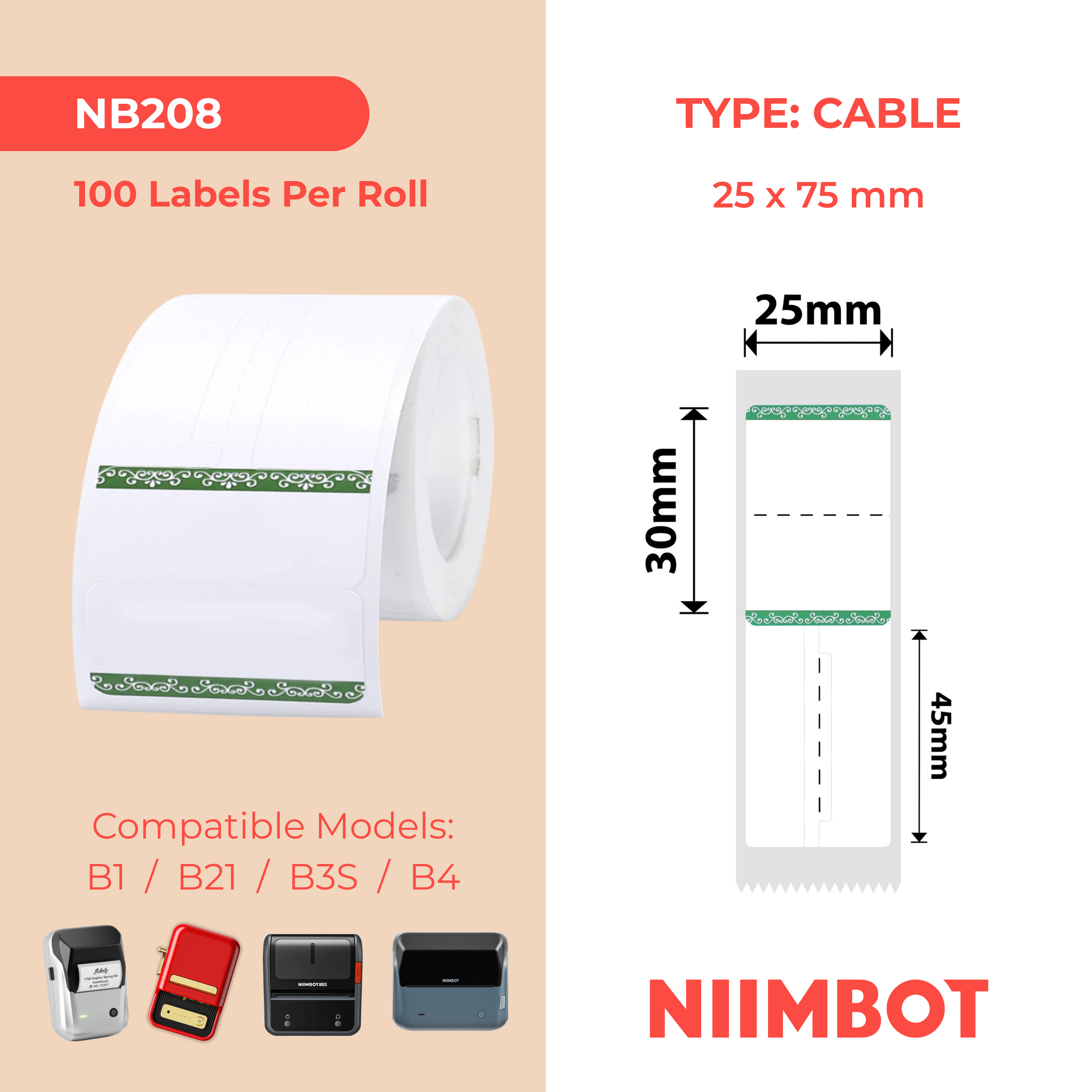 NB208 - NIIMBOT - B1 / B21 / B3S / B4 - 25X75MM - 100 GREEN BORDER RING JEWELLERY LABELS