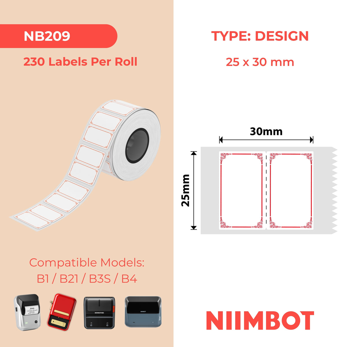 NIIMBOT - B Range - 25x30mm - Elegant Red - 230 Labels