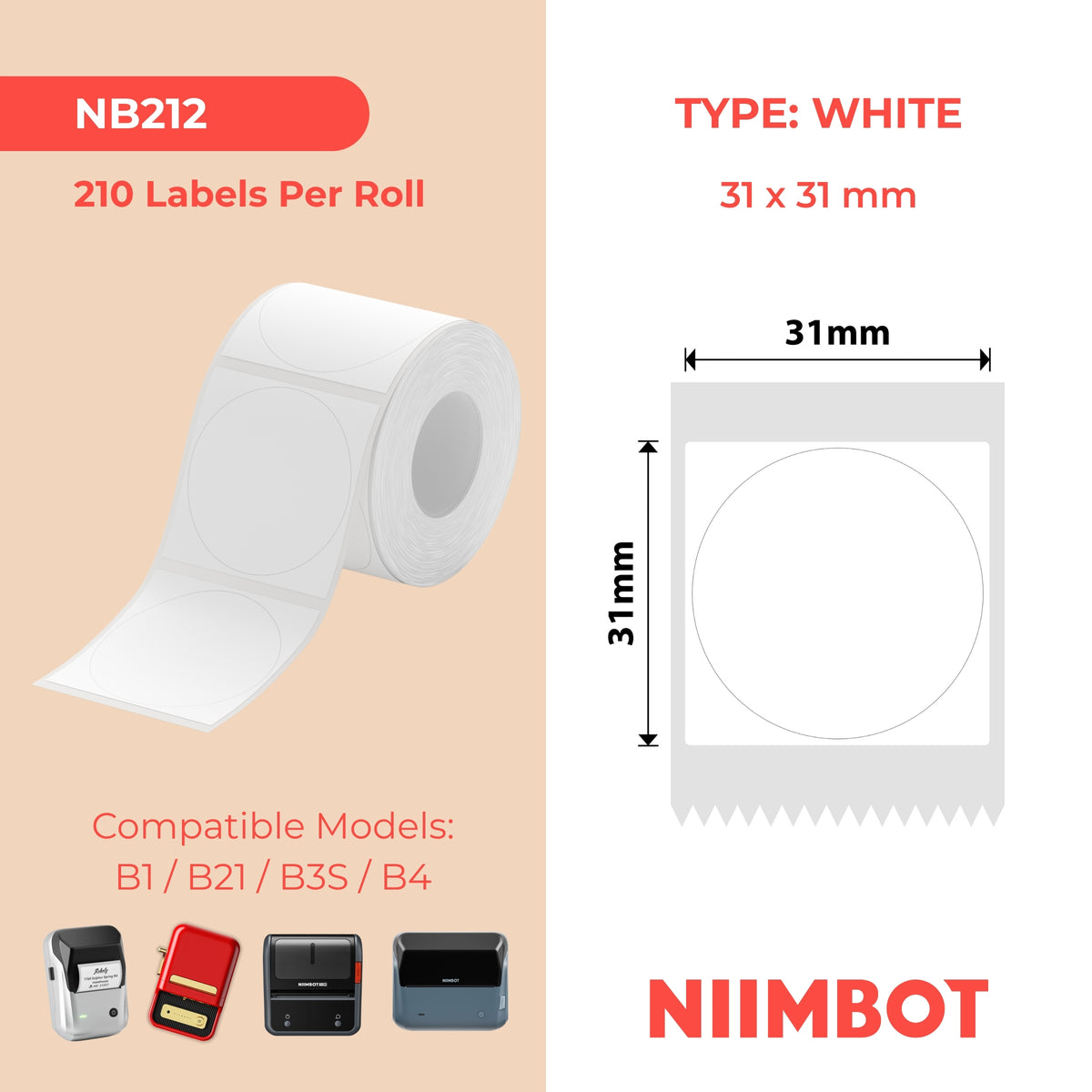 NIIMBOT - B Range - 31x31mm - White Round - 210 Labels