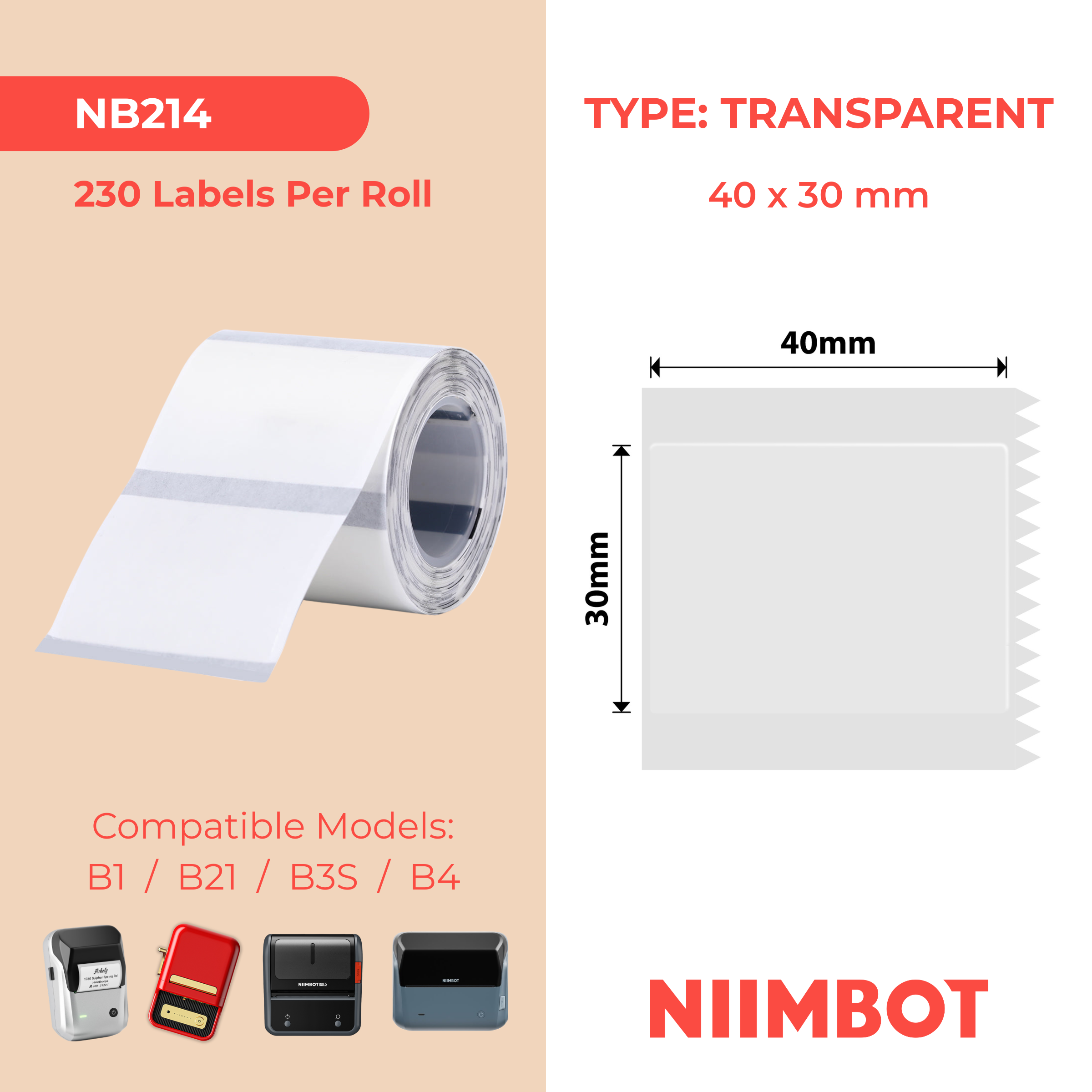 NB214 - NIIMBOT - B1 / B21 / B3S / B4 - 40X30MM - 230 TRANSPARENT LABELS