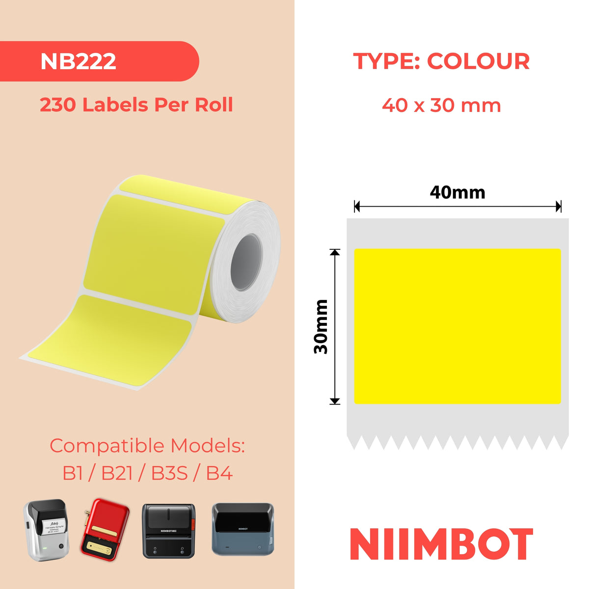 NIIMBOT - B Range - 30x40mm - Yellow - 230 Labels