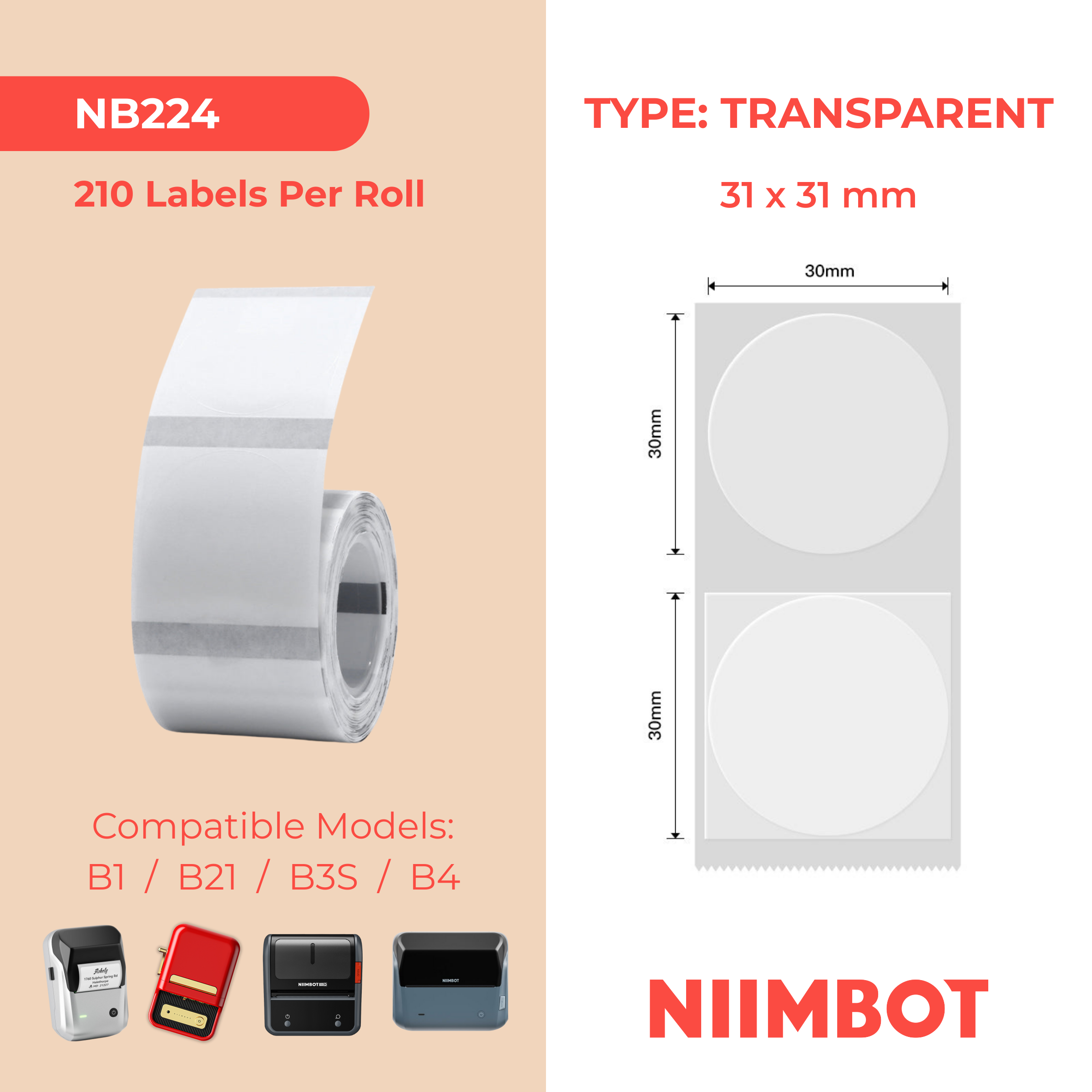 NB224 - NIIMBOT - B1 / B21 / B3S / B4 - 31X31MM - 210 TRANSPARENT ROUND LABELS