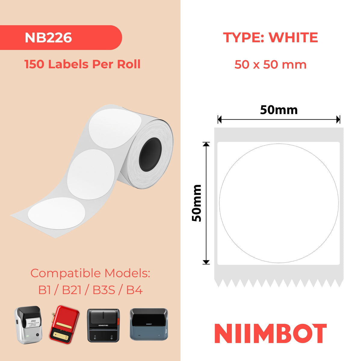 NIIMBOT - B Range - 50x50mm - White Round - 150 Labels