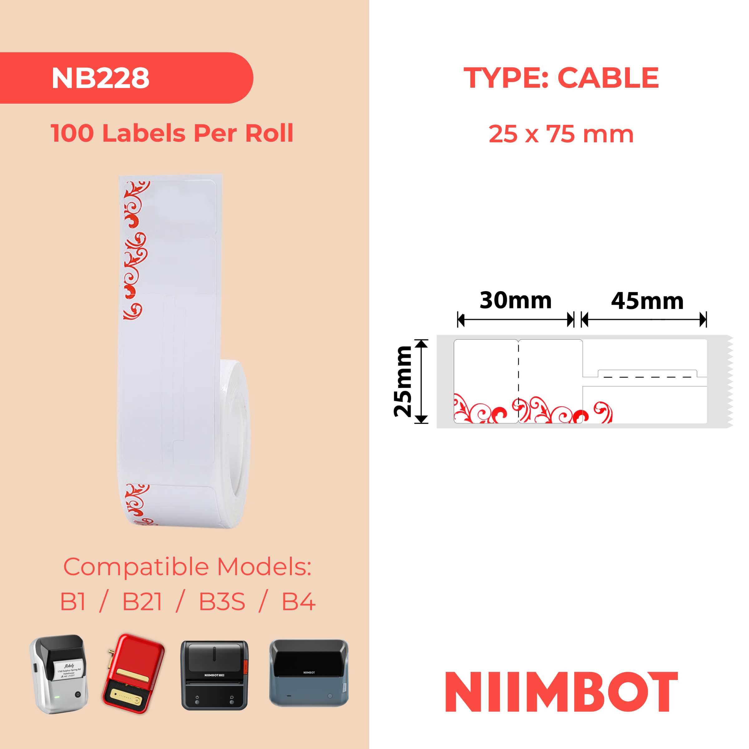 NB228 - NIIMBOT - B1 / B21 / B3S / B4 - 25X75MM - 100 RED CLOUD JEWELLERY LABELS (DUPLICATE NB204)