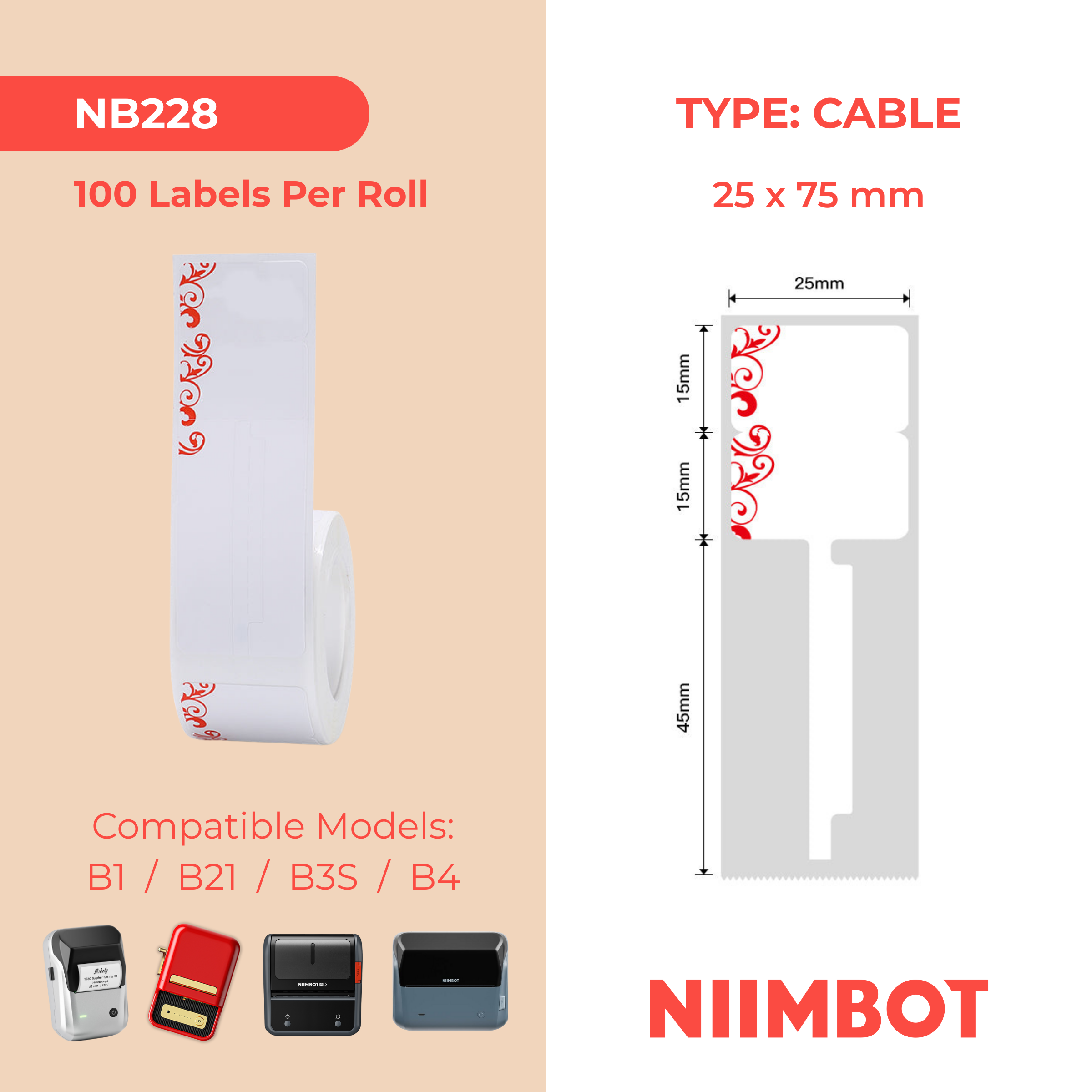 NB228 - NIIMBOT - B1 / B21 / B3S / B4 - 25X75MM - 100 RED PAERN LABELS