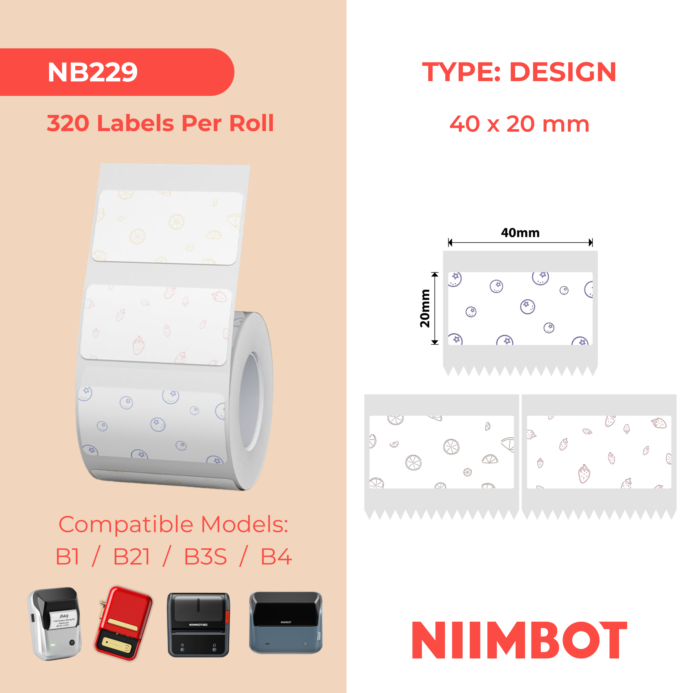 NB229 - NIIMBOT - B1 / B21 / B3S / B4 - 40X20MM - 320 FRUIT PATTERN LABELS