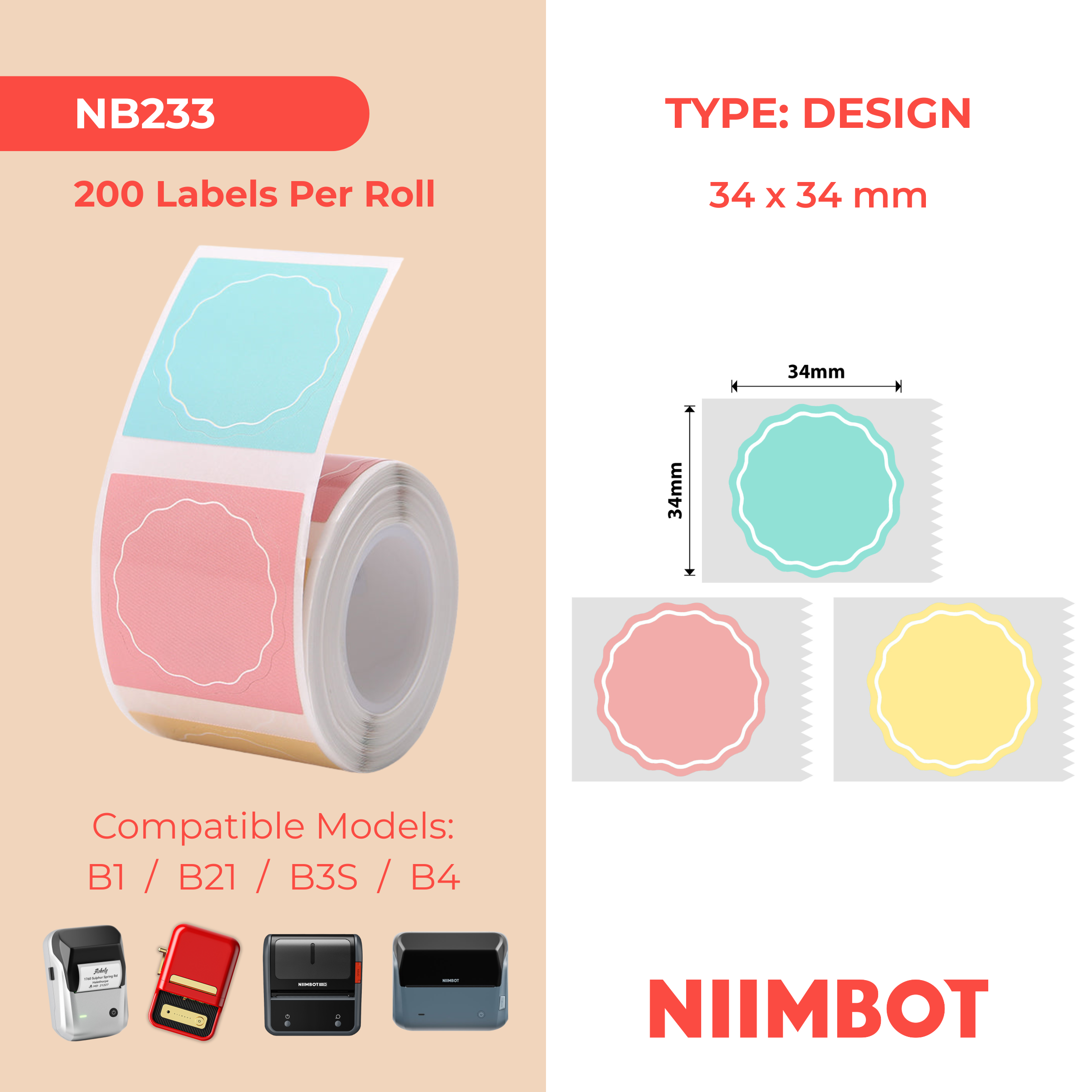 NB233 - NIIMBOT - B1 / B21 / B3S / B4 - 34X34MM - 200 WAVY ROUND PINK, YELLOW & BLUE LABELS