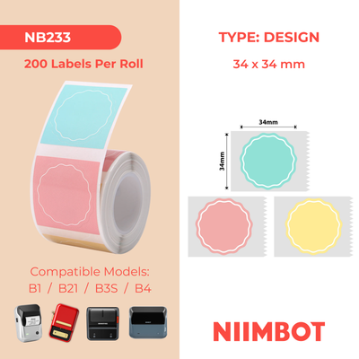 NB233 - NIIMBOT - B1 / B21 / B3S / B4 - 34X34MM - 200 WAVY ROUND PINK, YELLOW & BLUE LABELS