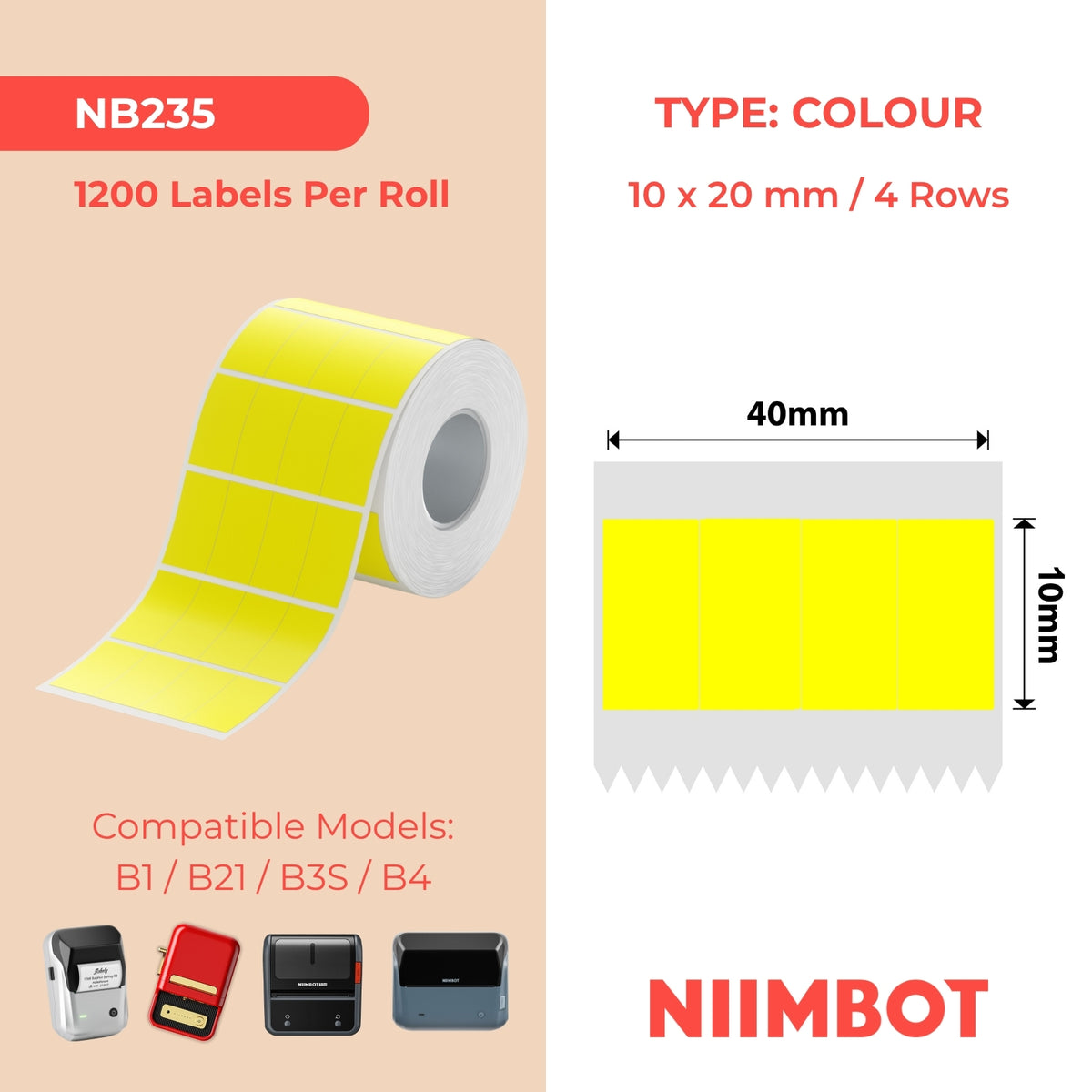 NIIMBOT - B Range - 10x20mm/4R - Yellow 4 Split - 1,200 Labels