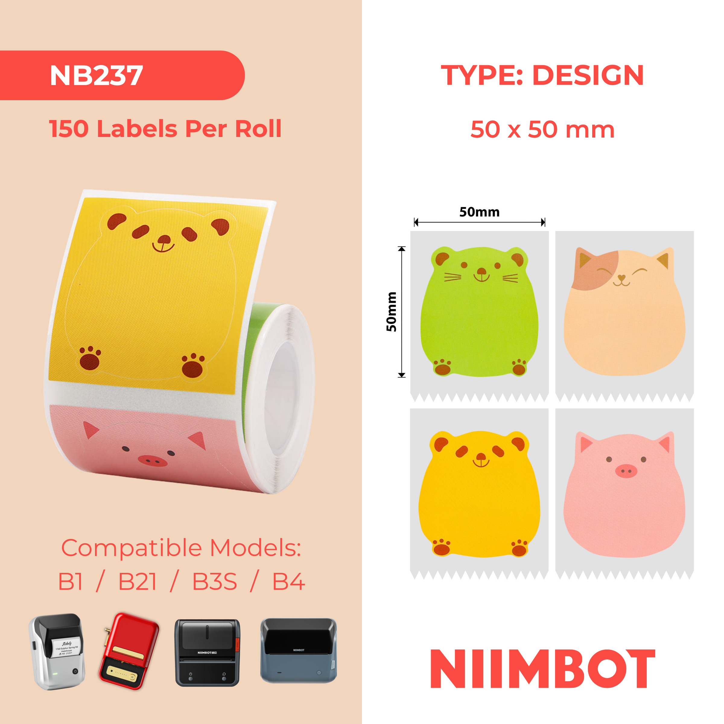 NB237 - NIIMBOT - B1 / B21 / B3S / B4 - 50X50MM - 150 AUSPICIOUS ANIMAL LABELS