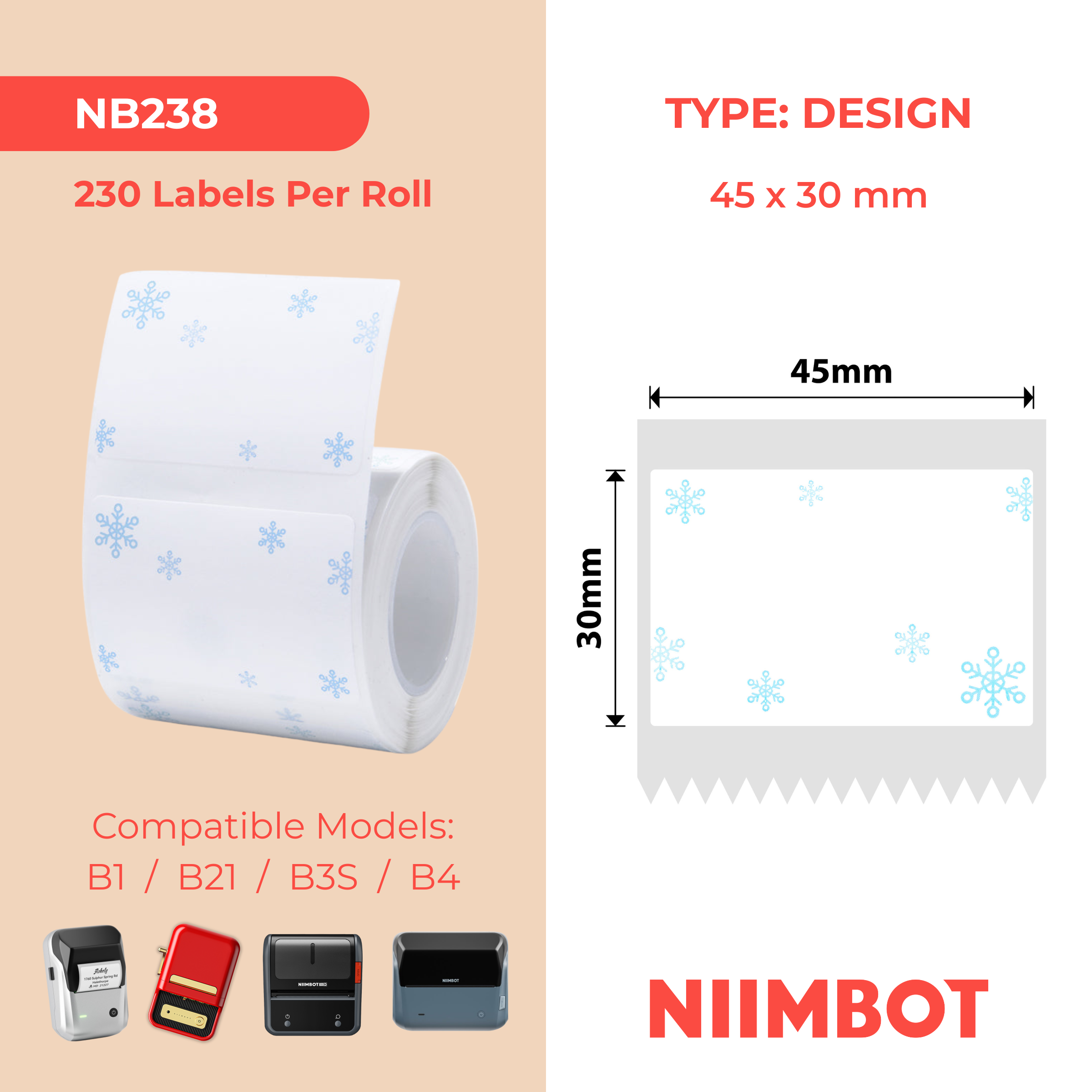 NB238 - NIIMBOT - B1 / B21 / B3S / B4 - 45X30MM - 230 BLUE SNOW LABELS
