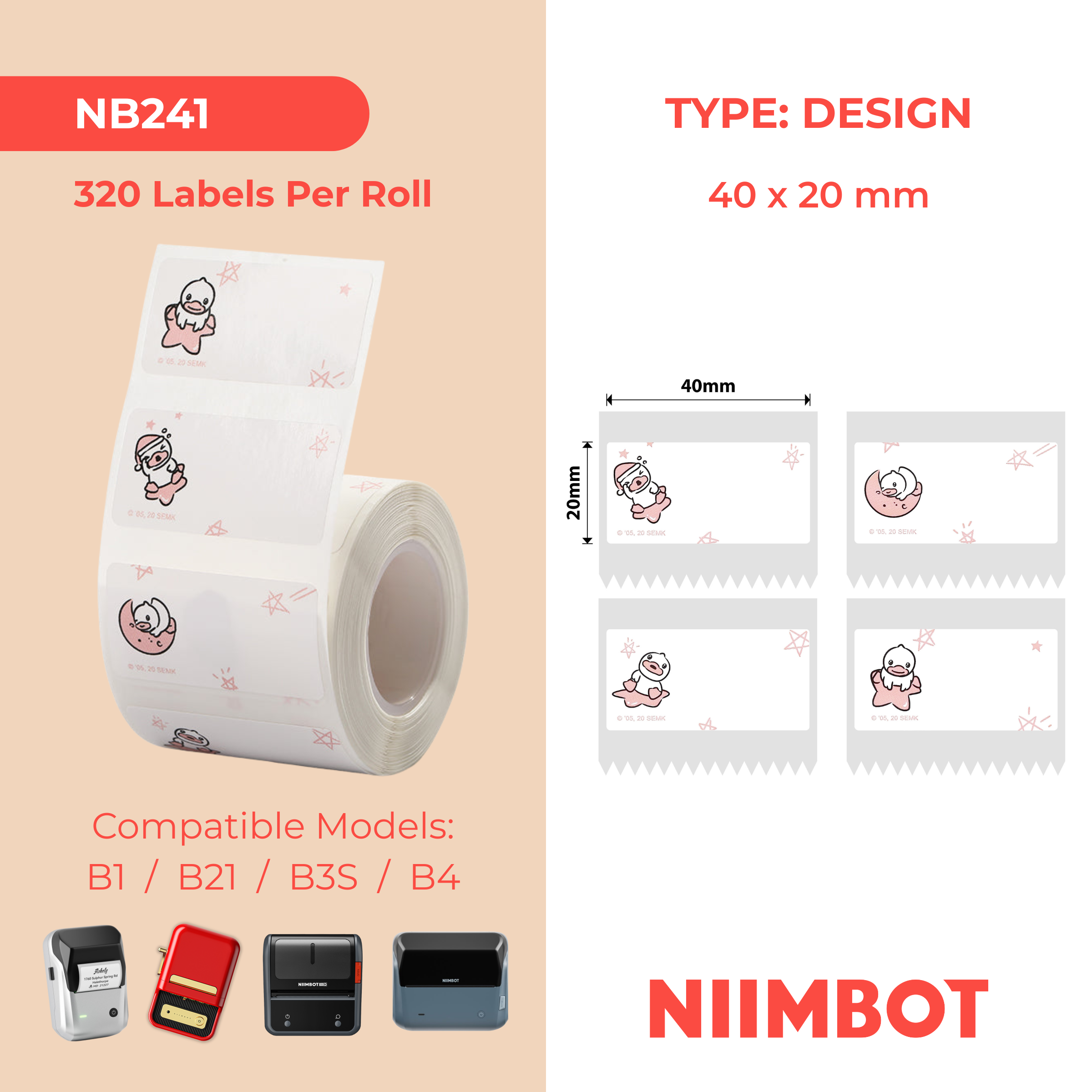 NB241 - NIIMBOT - B1 / B21 / B3S / B4 - 40X20MM - 320 DUCK LABELS