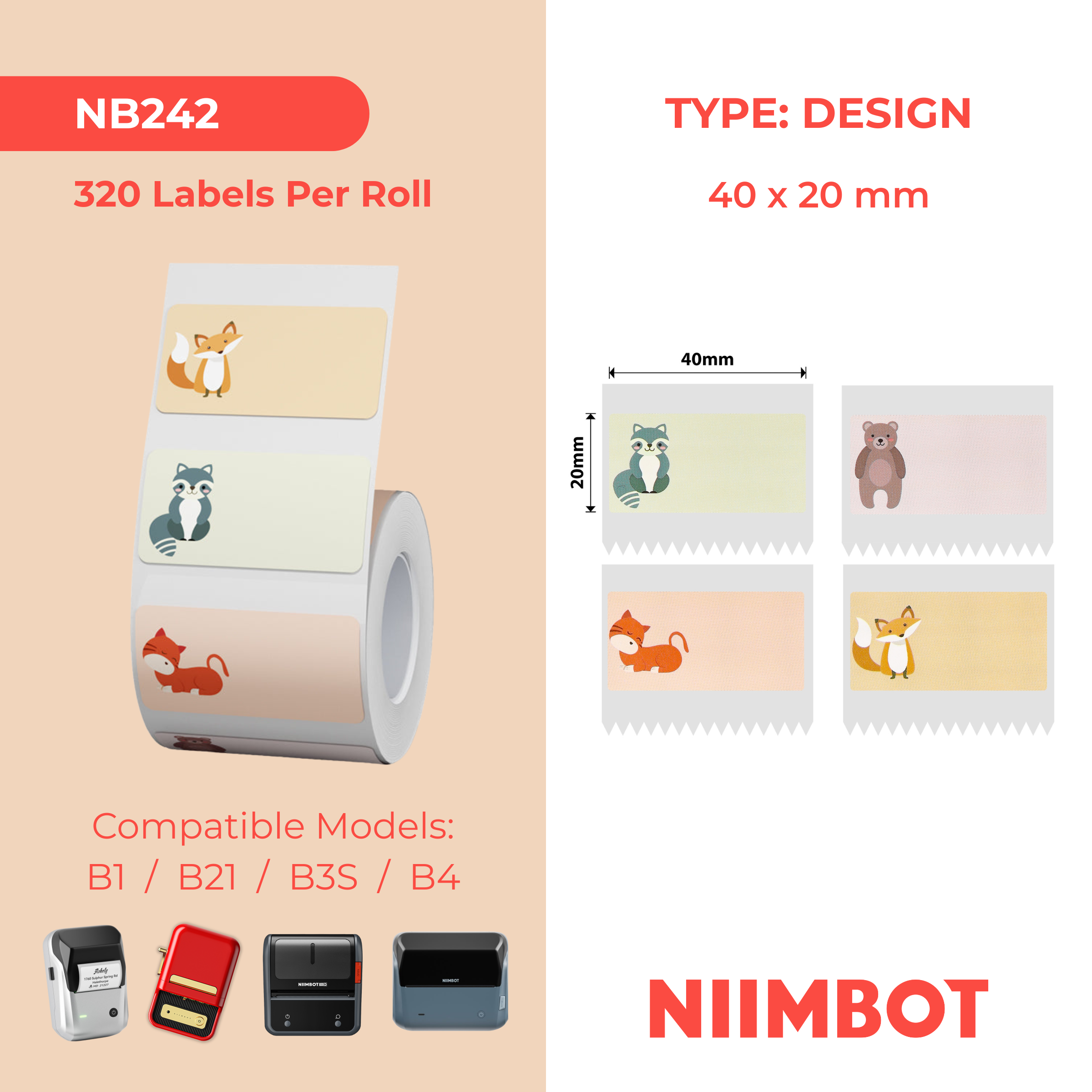 NB242 - NIIMBOT - B1 / B21 / B3S / B4 - 40X20MM - 320 NAMETAG ANIMAL LABELS