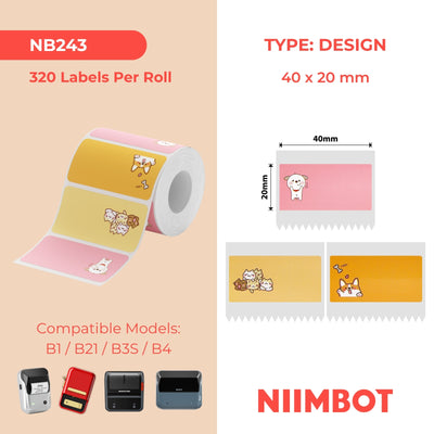 NIIMBOT - B Range - 40x20mm - Pink & Orange, Cat & Dog - 320 Labels