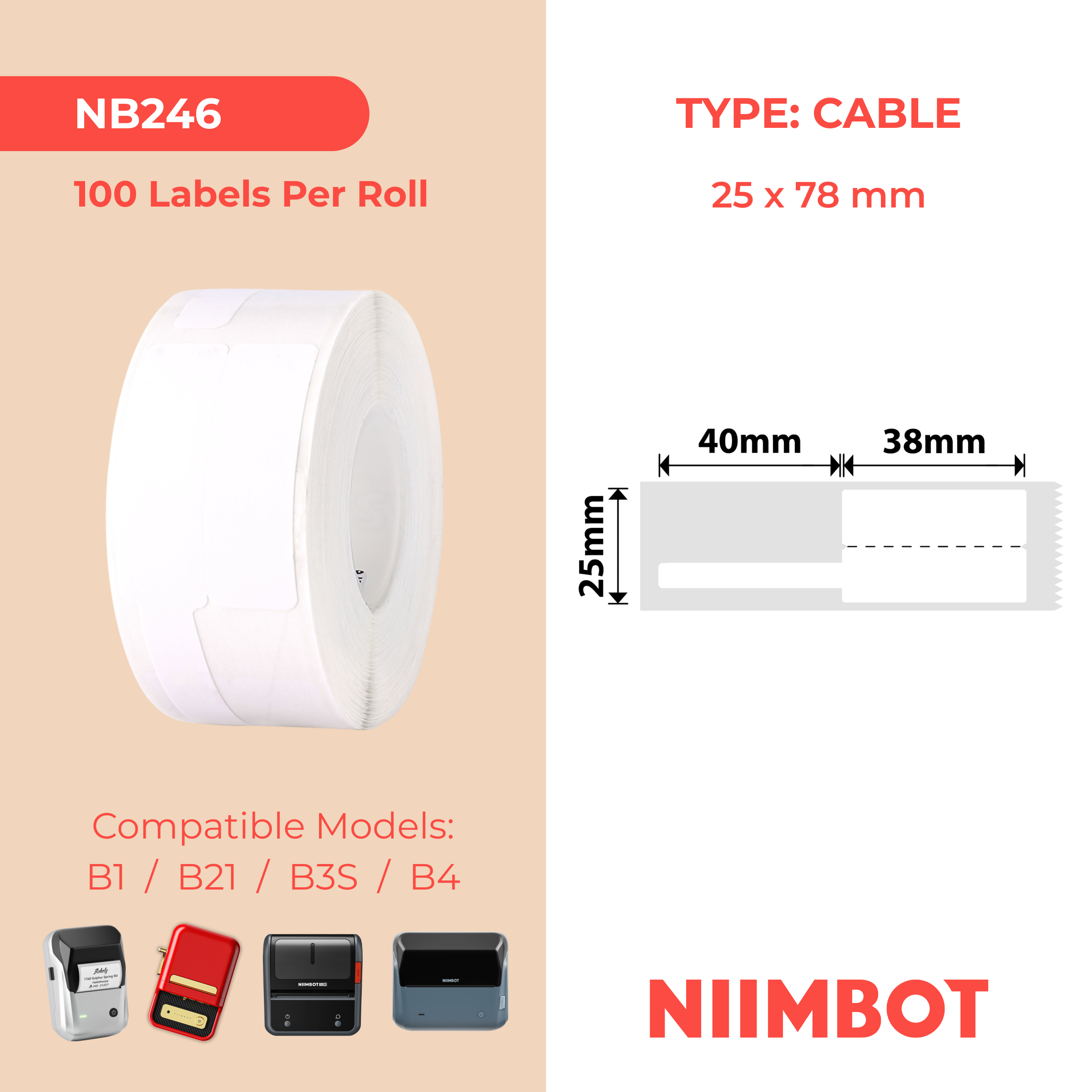 NB246 - NIIMBOT - B1 / B21 / B3S / B4 - 25X78MM - 85 WHITE CABLE LABELS