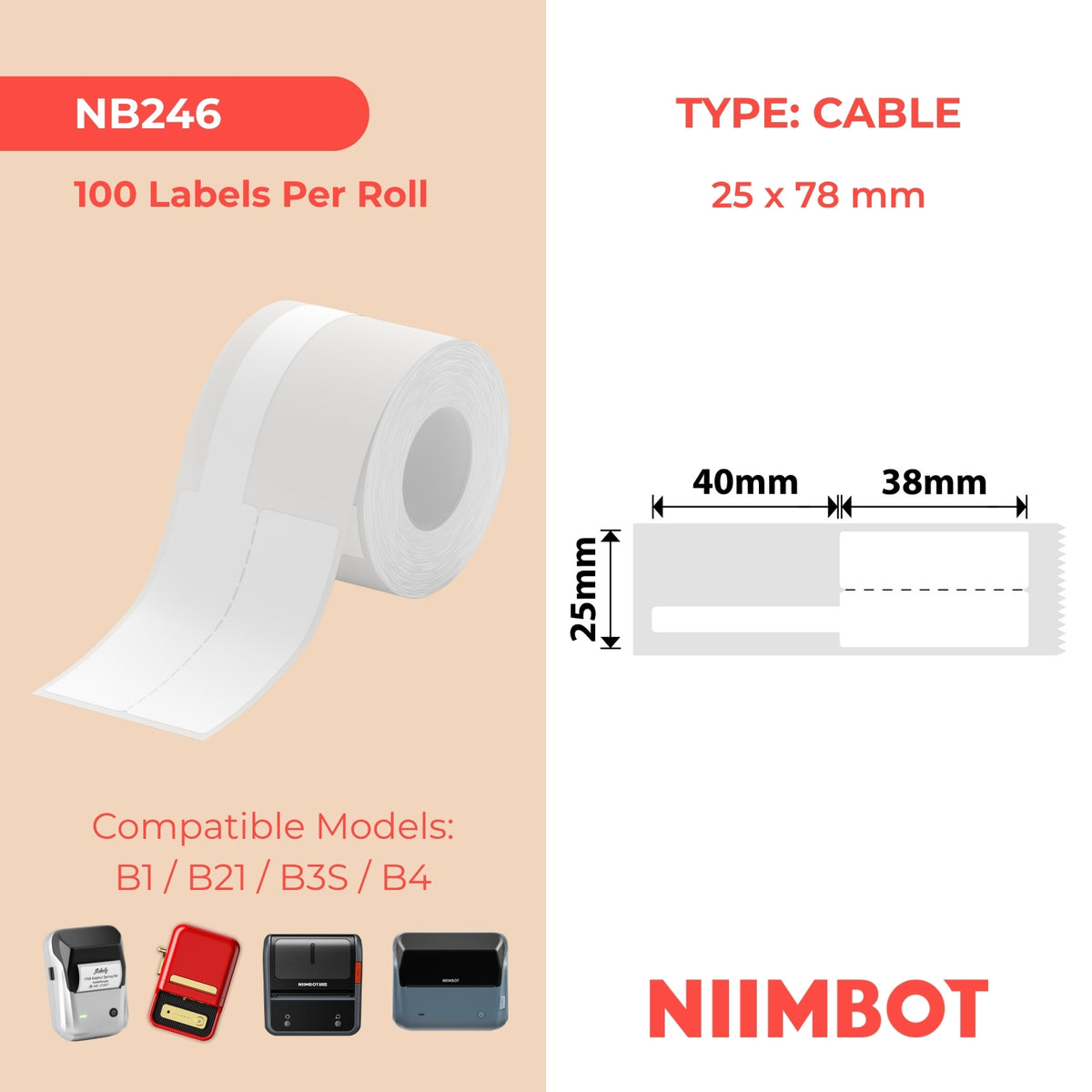 NIIMBOT - B Range - 25x78mm - White Cable - 100 Labels