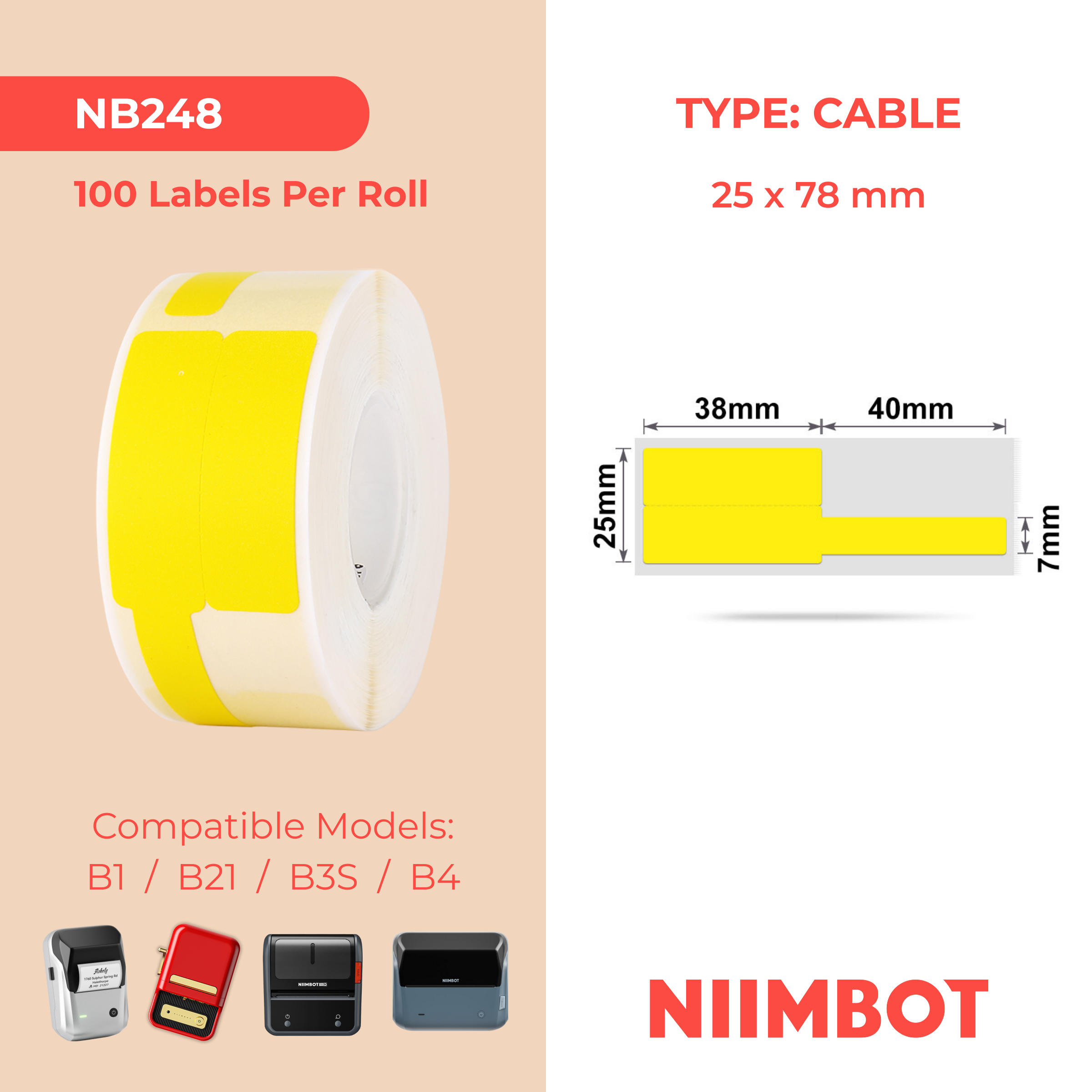 NB248 - NIIMBOT - B1 / B21 / B3S / B4 - 25X78MM - 100 YELLOW CABLE LABELS