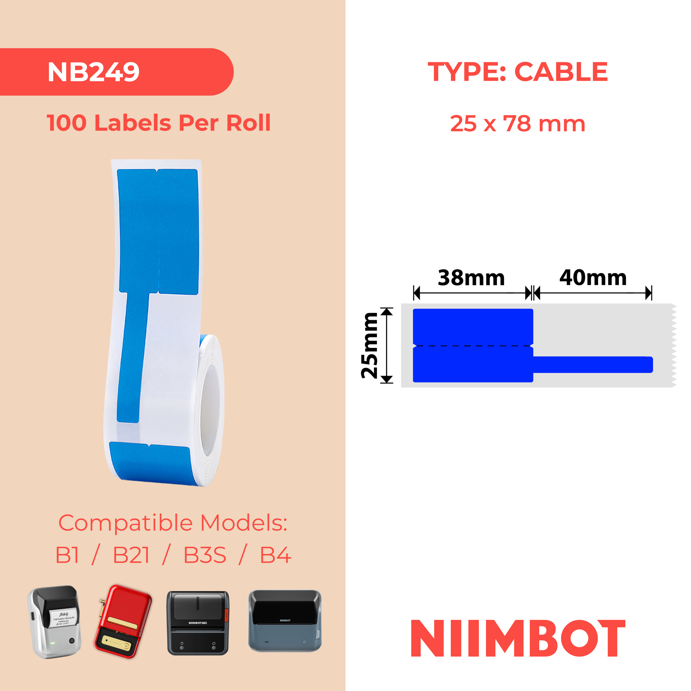 NB249 - NIIMBOT - B1 / B21 / B3S / B4 - 25X78MM - 100 BLUE CABLE LABELS