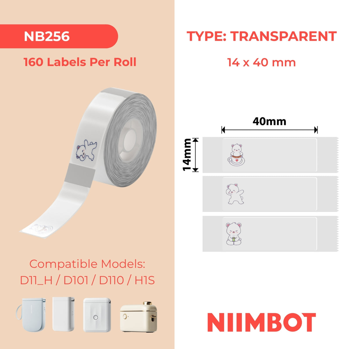 NIIMBOT - D Range - 14x40mm - Lazy Bear - 160 Labels