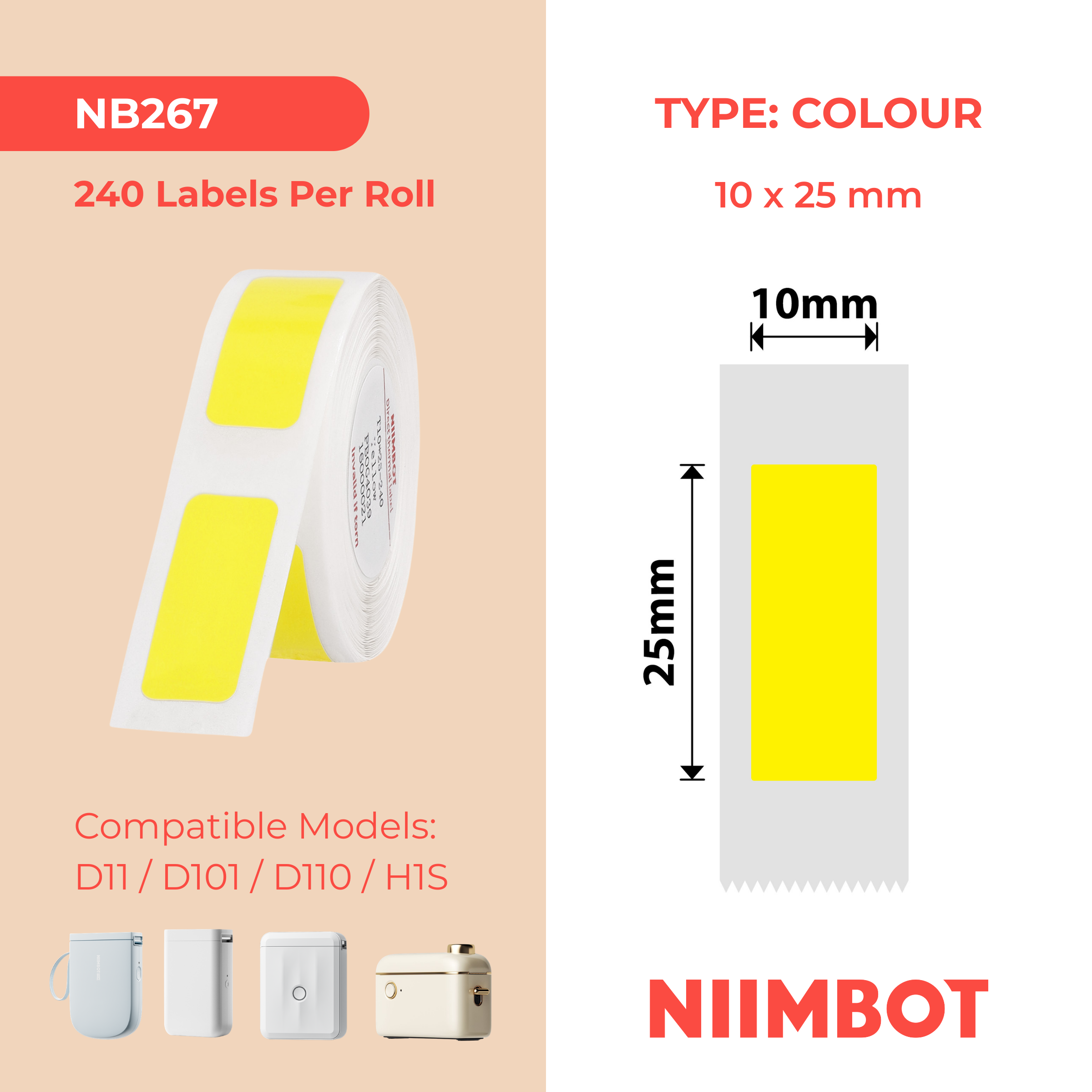 NB267 - NIIMBOT - D11 / D101 / D110 / H1S - 10X25MM - 225 YELLOW LABELS