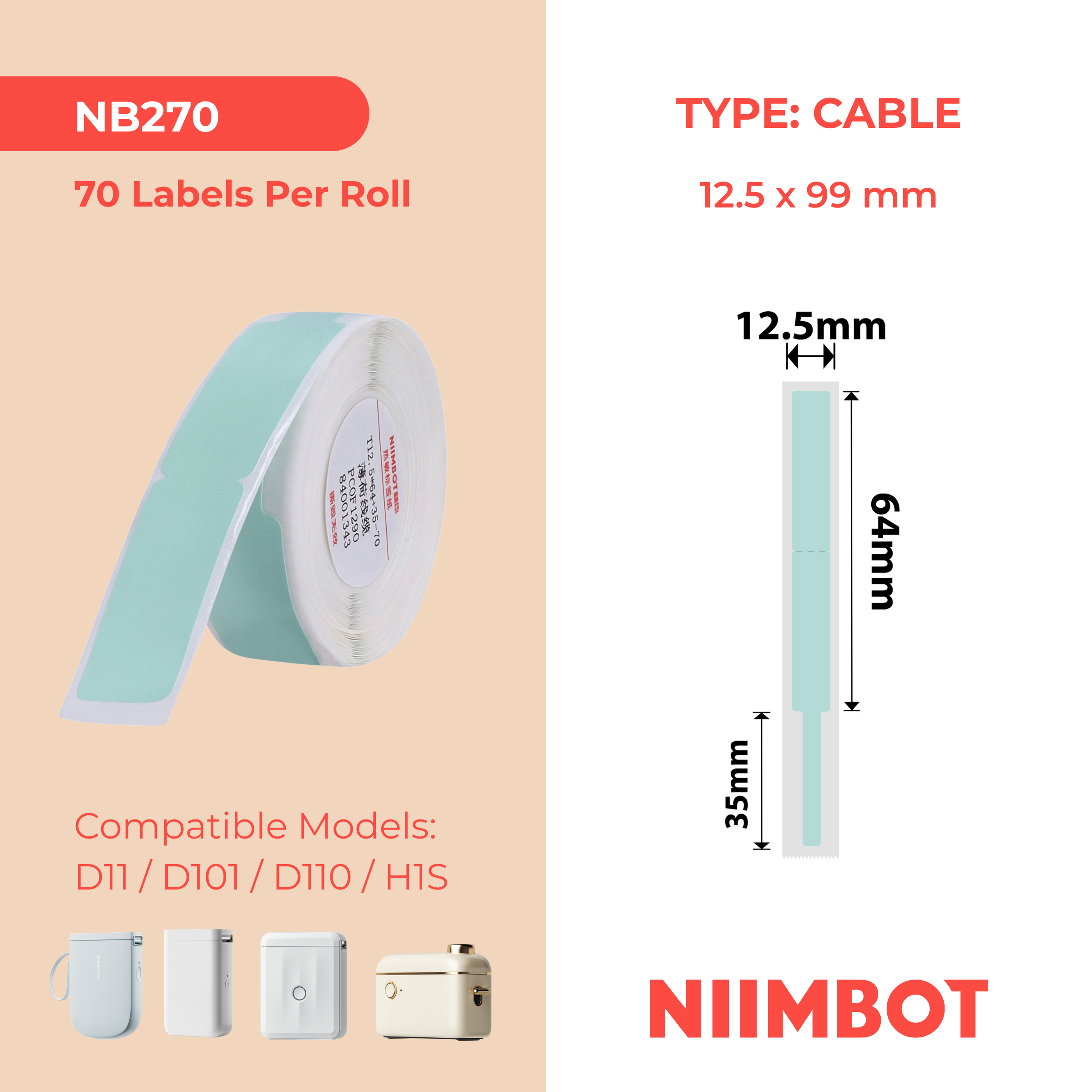 NB270 - NIIMBOT - D11 / D101 / D110 / H1S - 12.5X99MM - 70 MINT CABLE LABELS
