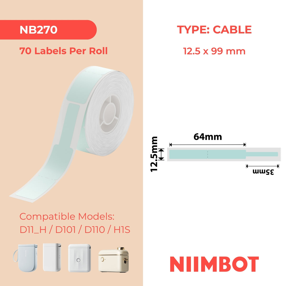NIIMBOT - D Range - 12.5x99mm - Mint Cable - 70 Labels